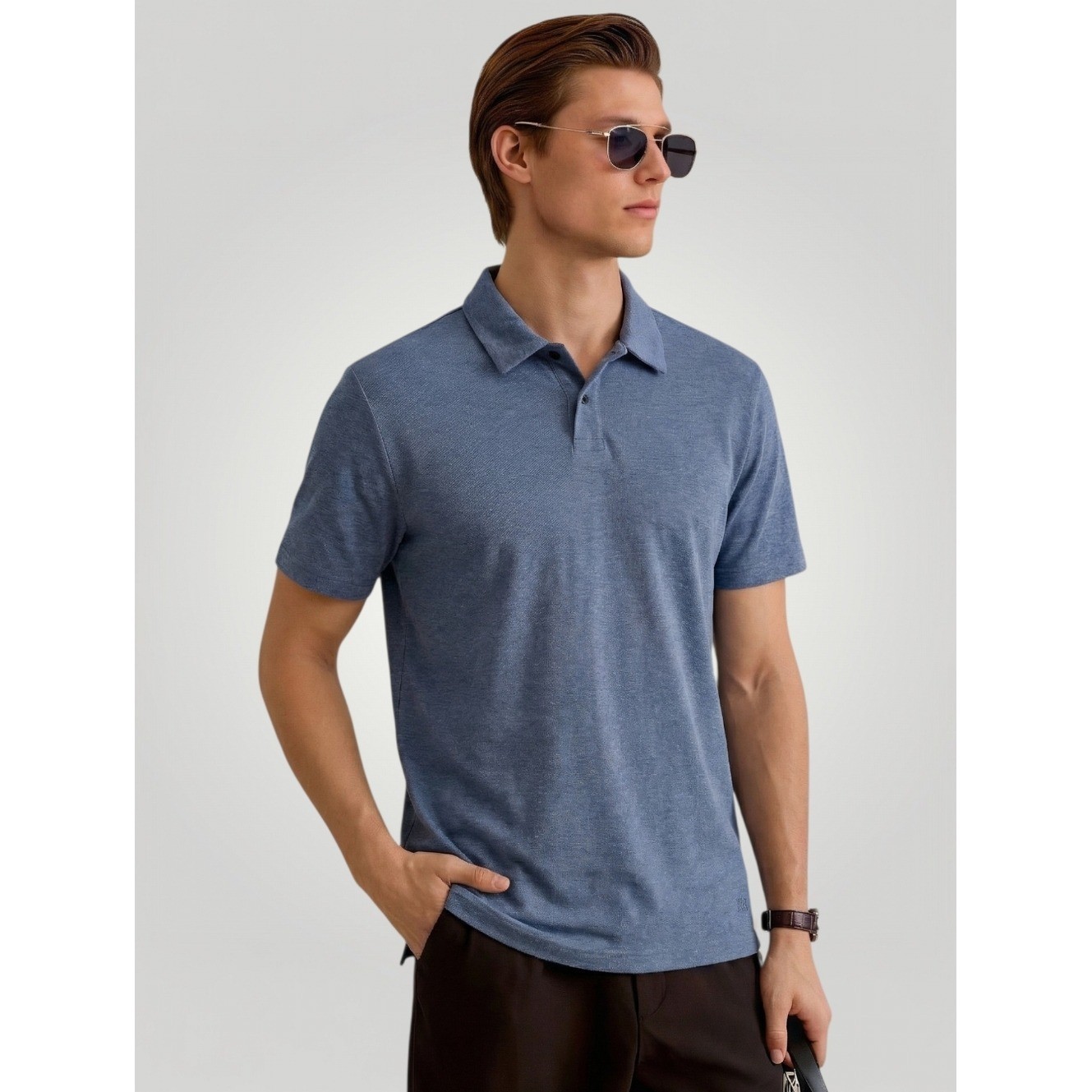 Banana Republic Polo Shirt Large Heather Blue Steel Slate Cotton Short Sleeve