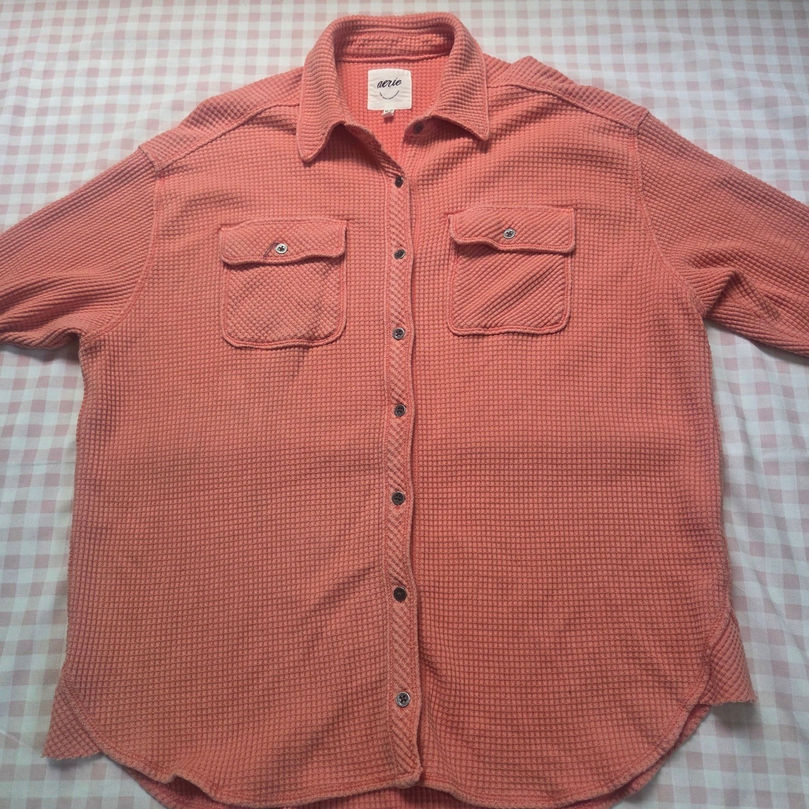Aerie Lumber Jane Waffle Knit Oversized Button Down Shirt Shacket Coral Rust XS
