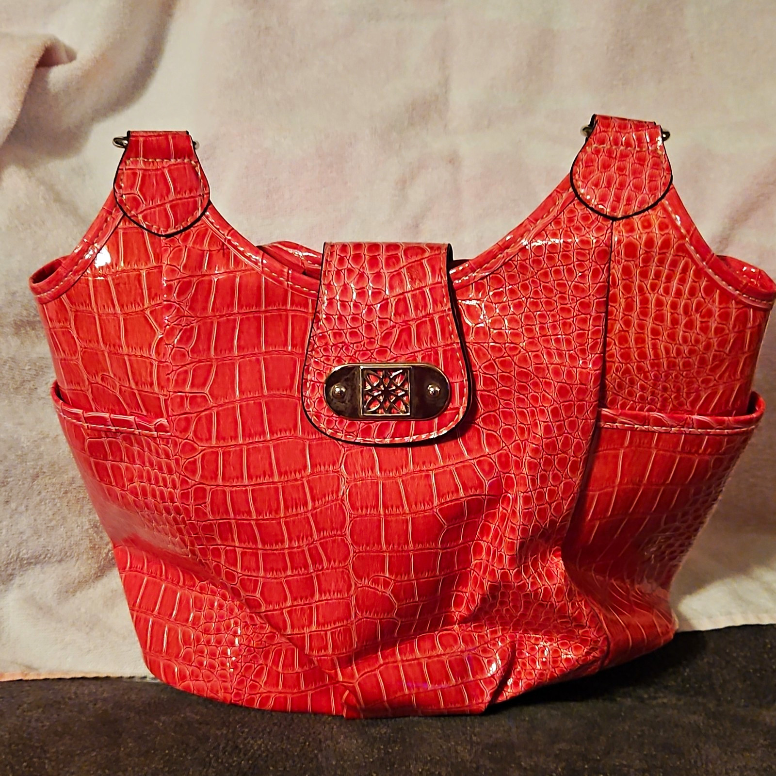 Pink Croc Embossed Shoulder Bag Magnetic Closure Silver Hardware Buckle Lined