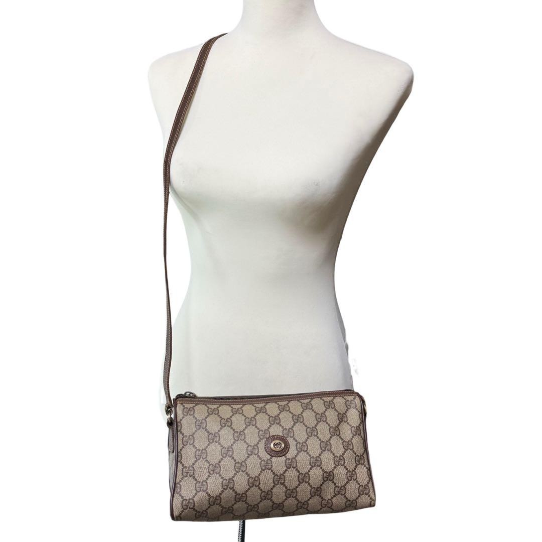 GUCCI Shoulder bag GG Supreme PVC Leather Beige Vintage Authentic From Japan