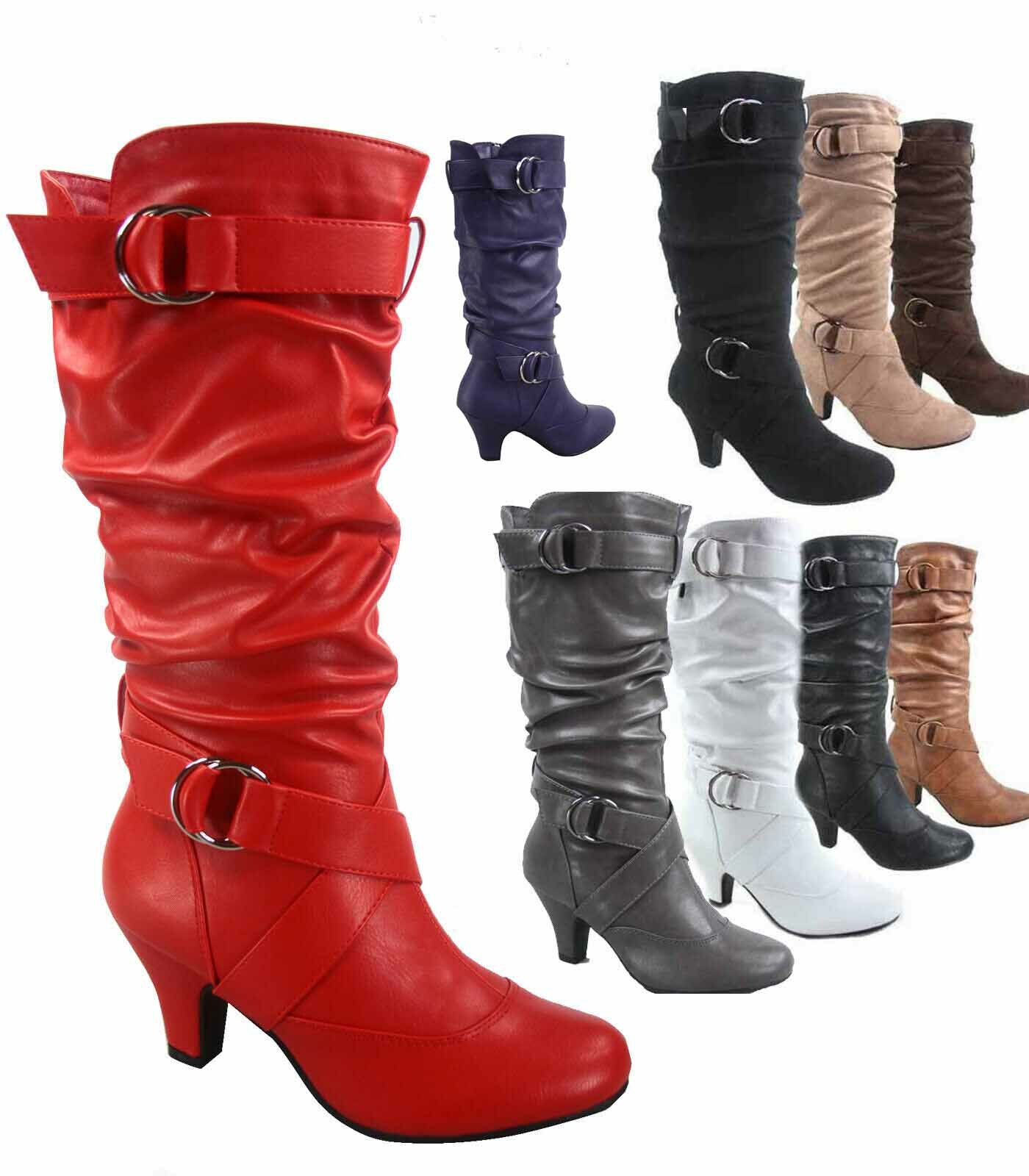 Women’s Round Toe Low Heel Zipper Slouchy Mid-Calf Boots Shoes Size 5 – 11 NEW