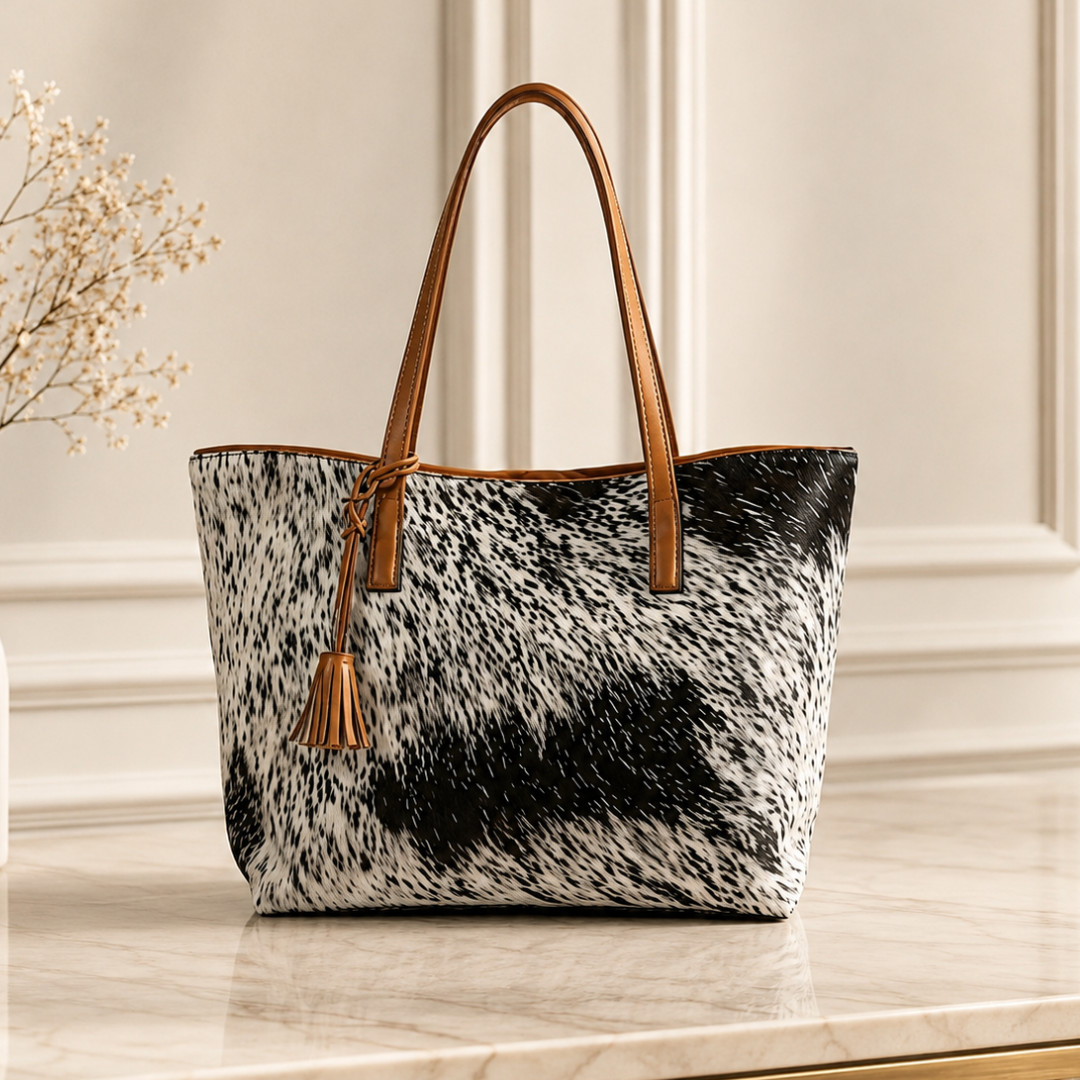 Genuine Handmade Hair-On Cowhide Handbag Tote Women Black White Leather Tassel..