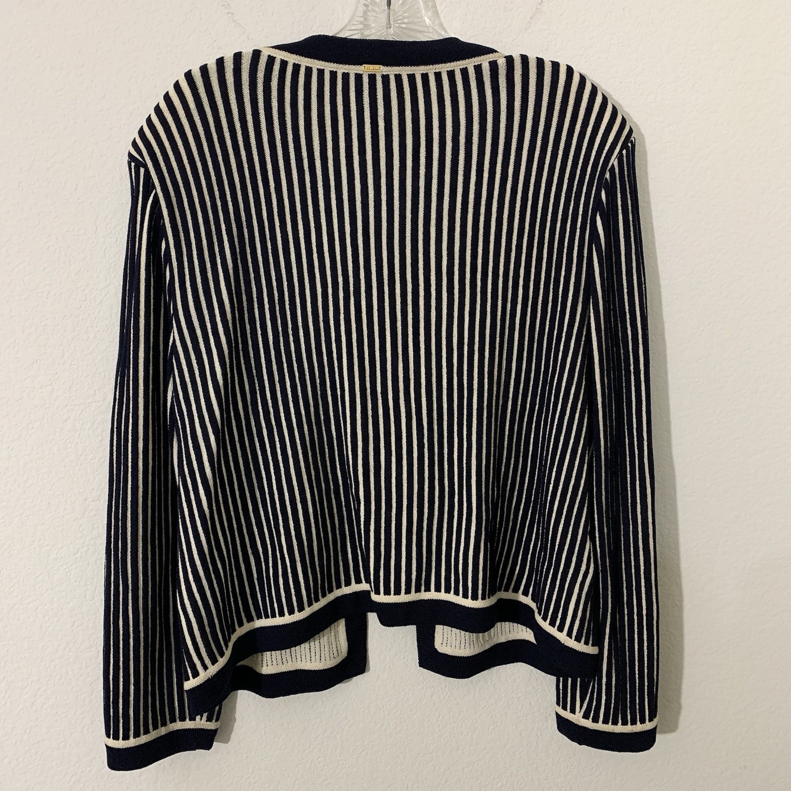 St. John Women’s Jacket Large Blue Beige Stripe Textures Hook Close Wool