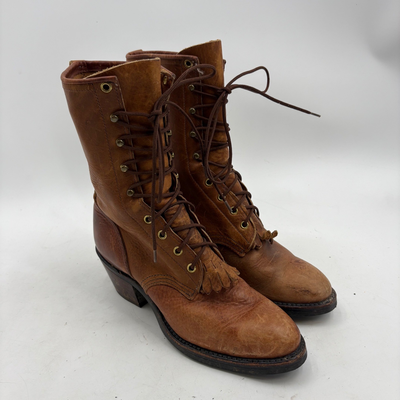 J. Chisholm Womens 9 M Vintage Leather Lace Up Packer Western Boots Tan Kiltie