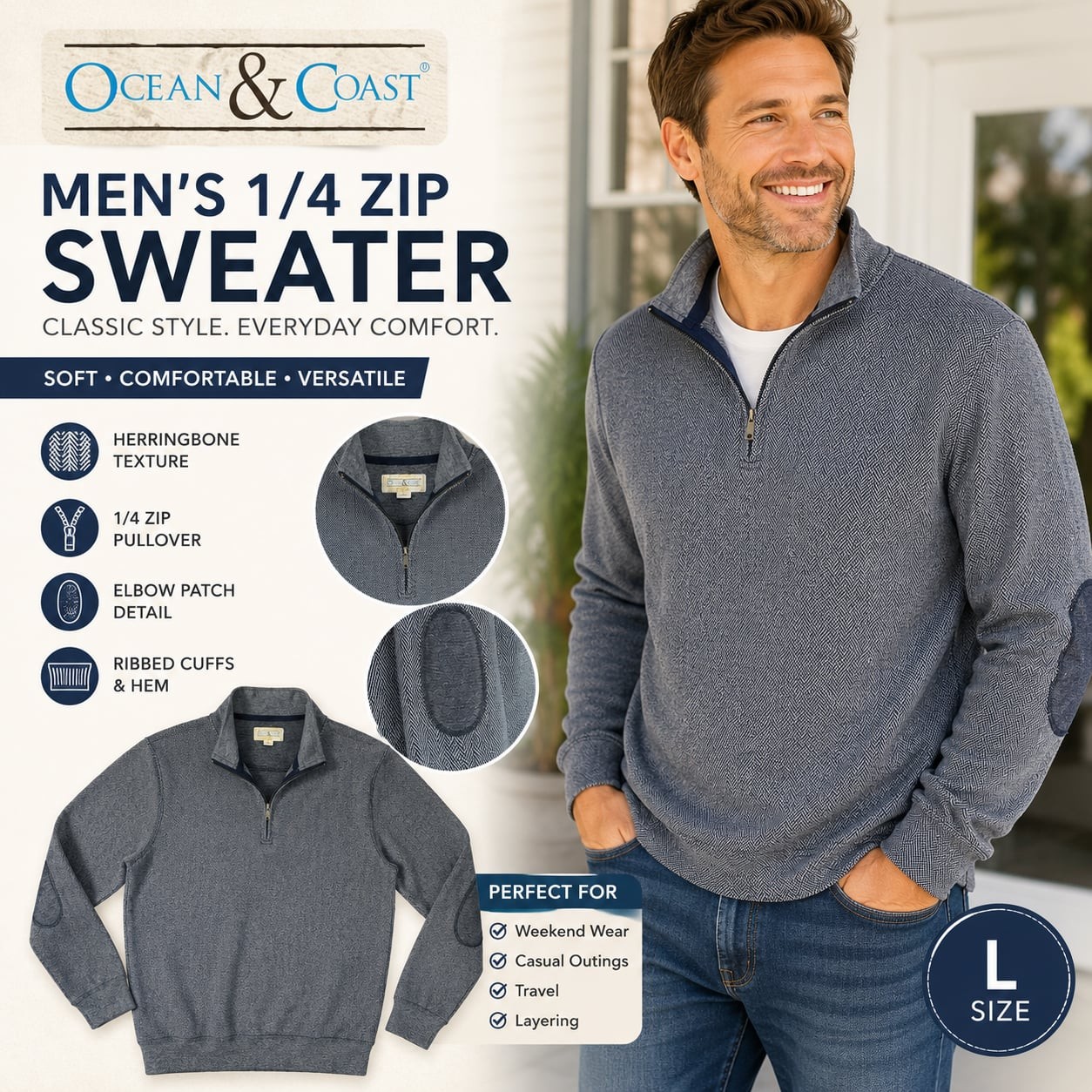 Ocean & Coast Men’s Herringbone Texture 1/4 Zip Pullover Sweater with Elbow Patc
