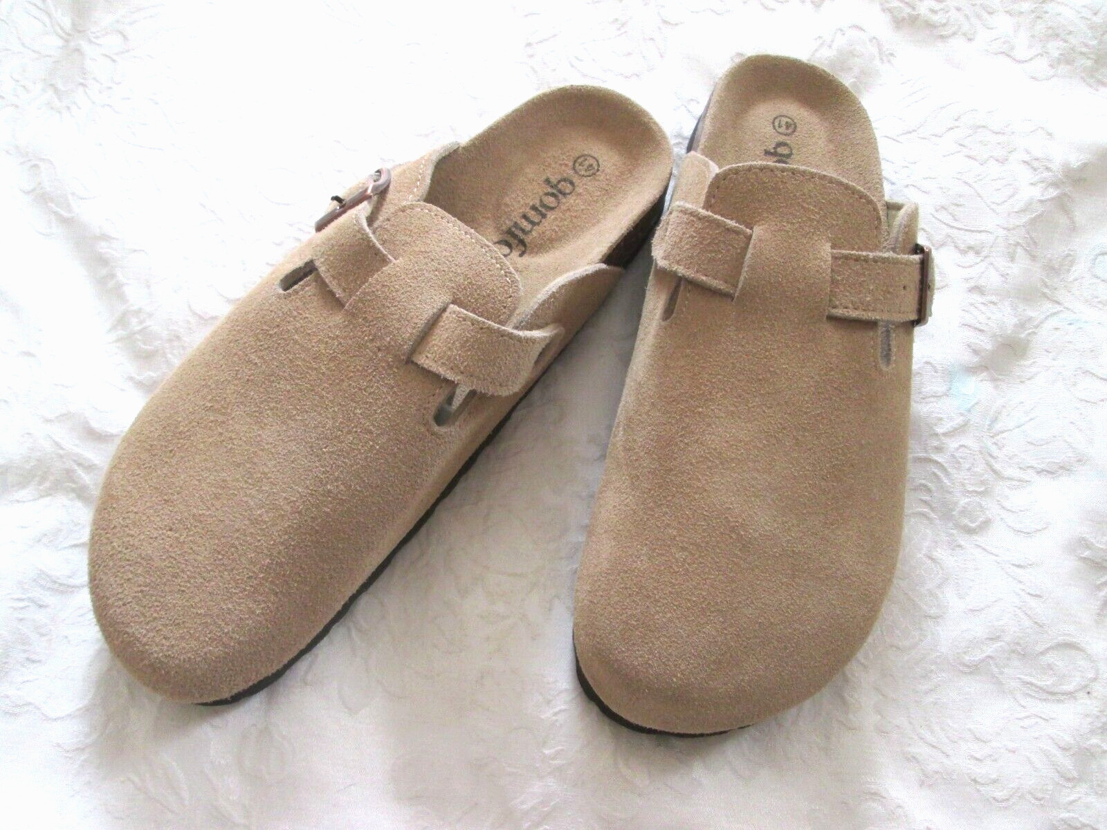 GOMFORT LT TAN/BEIGE SUEDE 41 SLIP-ON CLOGS CORK HEEL BUCKLE UPPER NEW