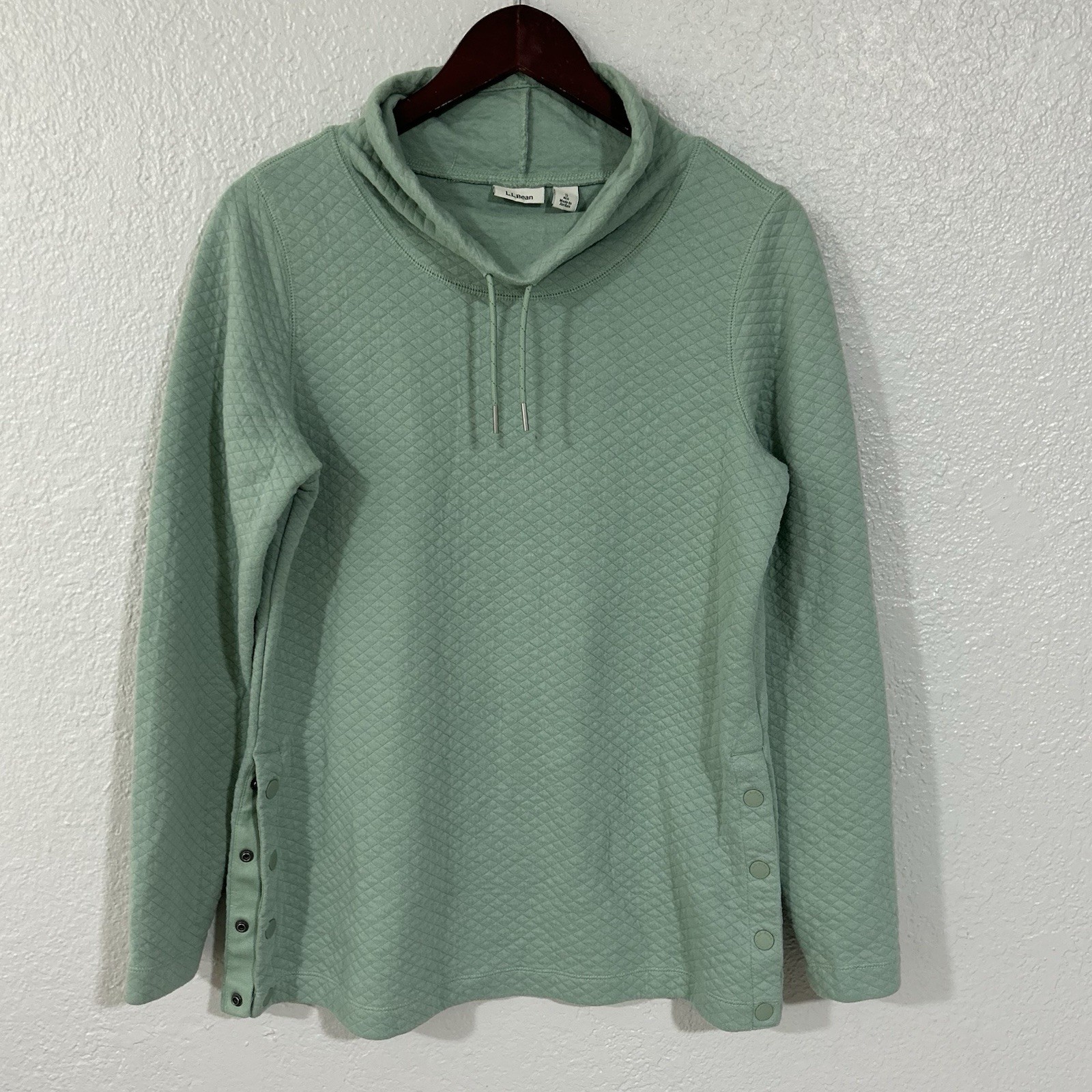 LL Bean Soflight Quilted Sweatshirt Womens S Olive Green Funnel Neck Pullover