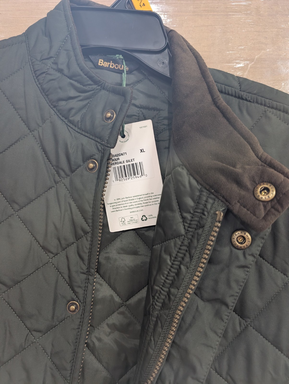 Barbour Men’s Olive Green Lowerdale Quilted Gilet Full Zip Vest Sz XL