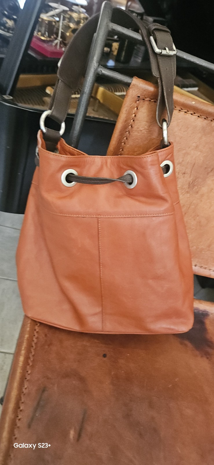 Garnet Hill Italian Leat Bucket Drawstring Shoulder Bag Silver Grommets, Pockets