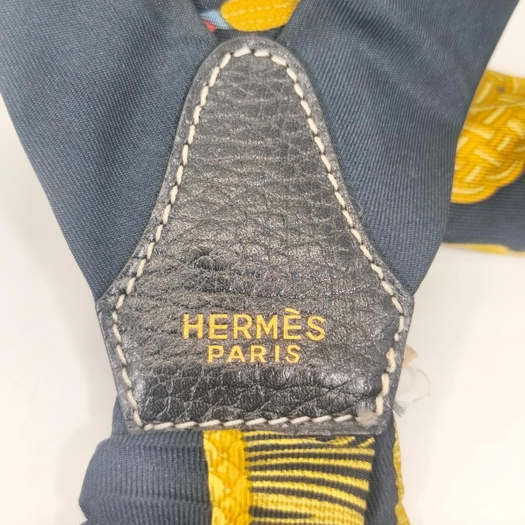 Hermes Paris Silk Suspenders Black Multicolor All Over Pattern Length 82cm w/Box