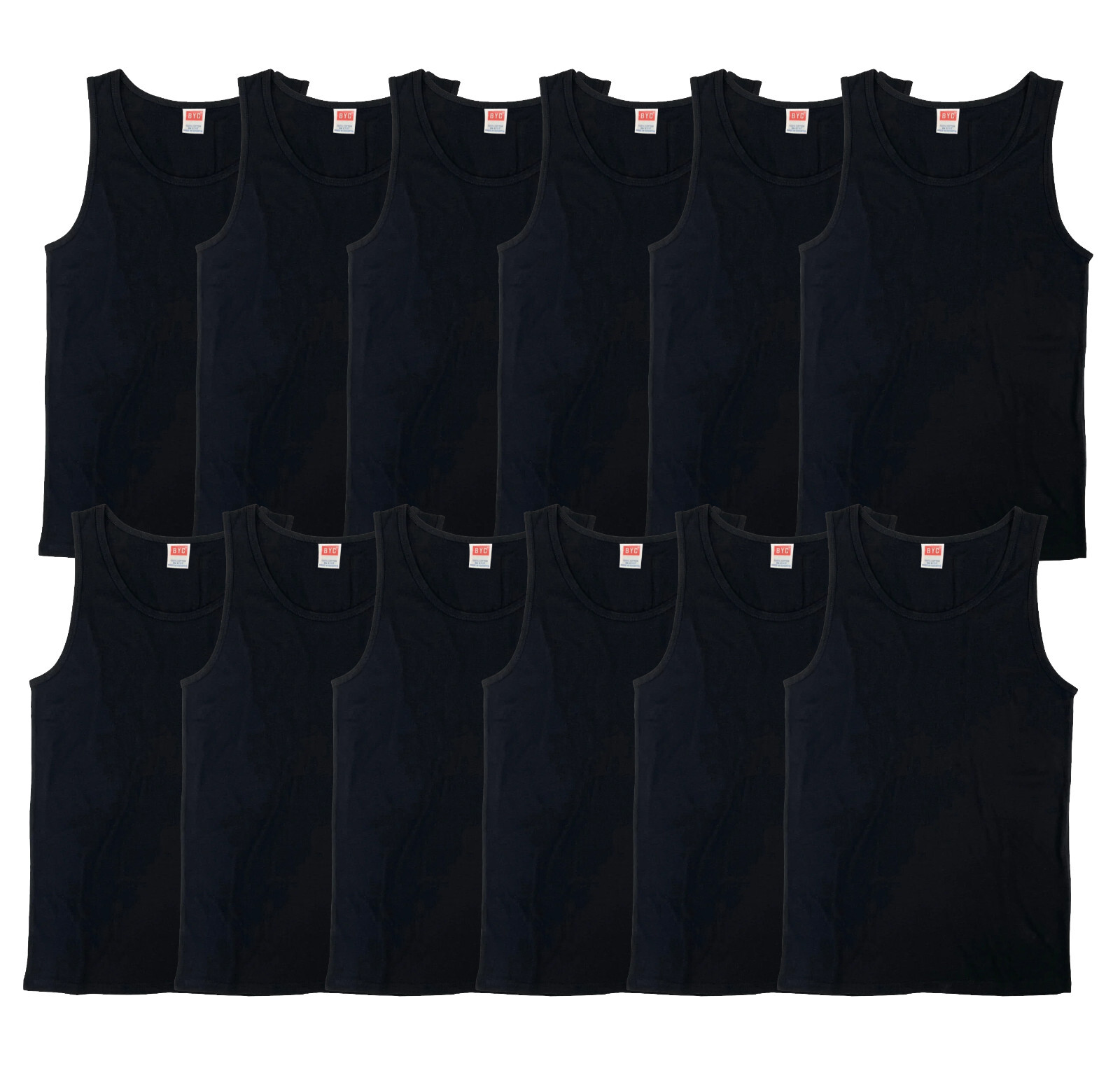 Men’s 12 Pack of Classic Black 100% Cotton Undershirts Tank Top A Shirts