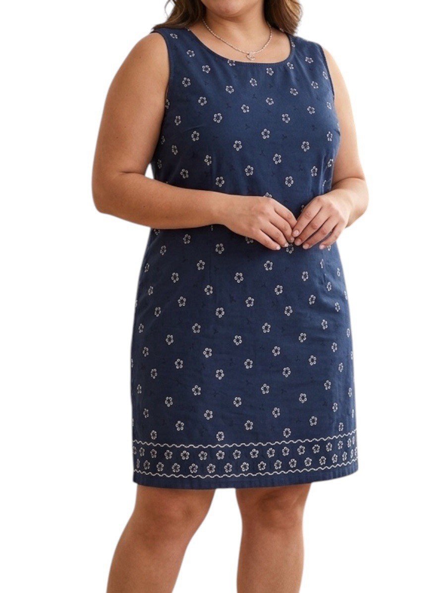Silhouettes Women’s Size 22W Printed Sleeveless Shift dress Navy Blue Cotton