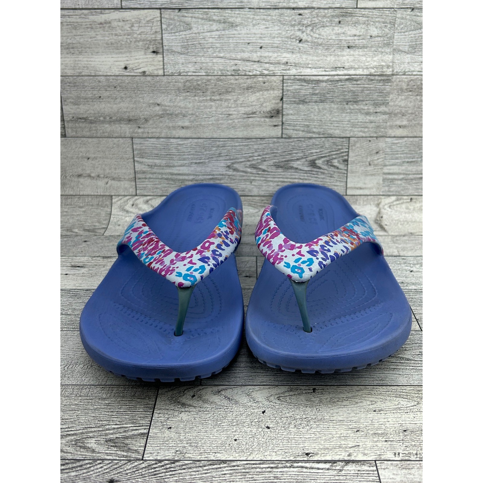Crocs Kadee II Flip Flops Women Size 10 Blue Multi Color Leopard Print Sandals