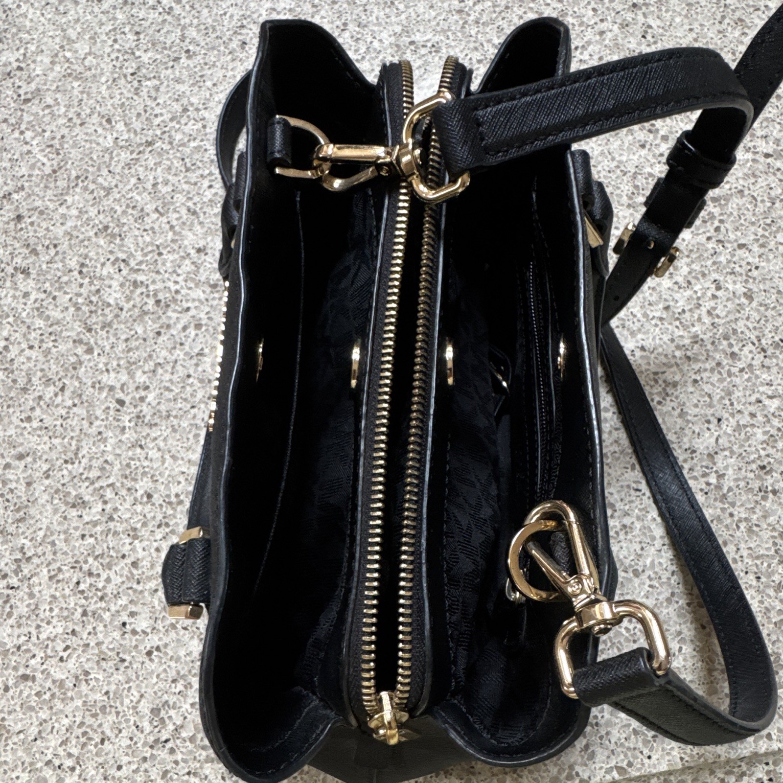 Michael Kors Black Satchel Top Handle Zip Bag, Detachable Crossbody, Gold