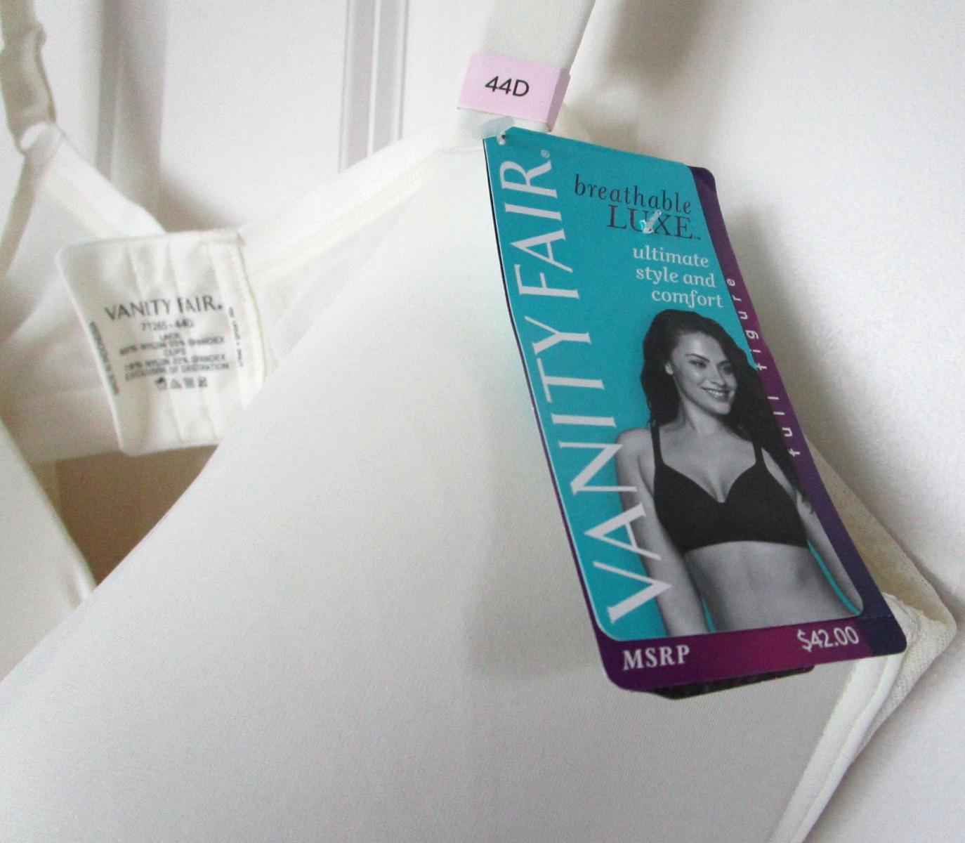 Vanity Fair 71265 Breathable Luxe Full Figure Wirefree Bra White 44D NEW