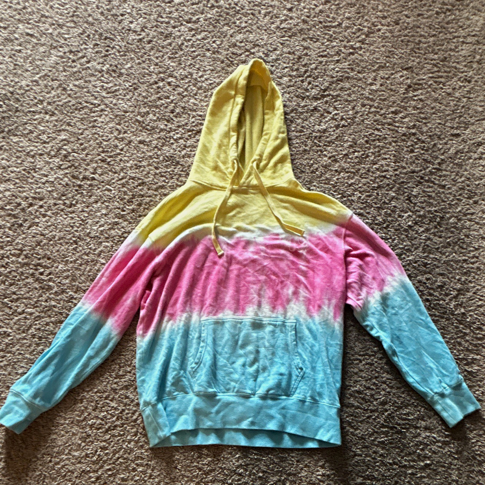 Ivory Ella Women’s Tie-Dye Pullover Hoodie S Yellow Pink Blue Logo Pockets
