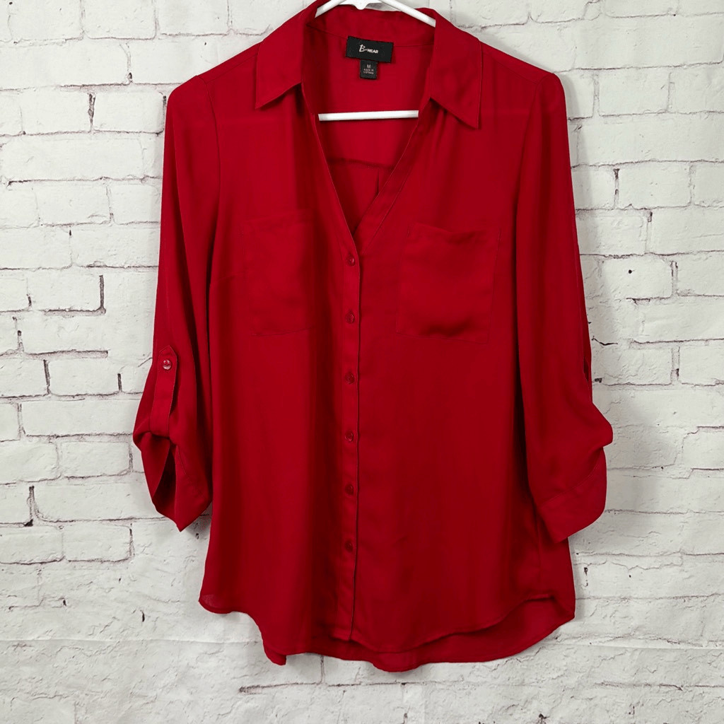 B Wear Shirt Womens Medium M Button Up Top Roll Tab Sleeve Pocket Polyester Red