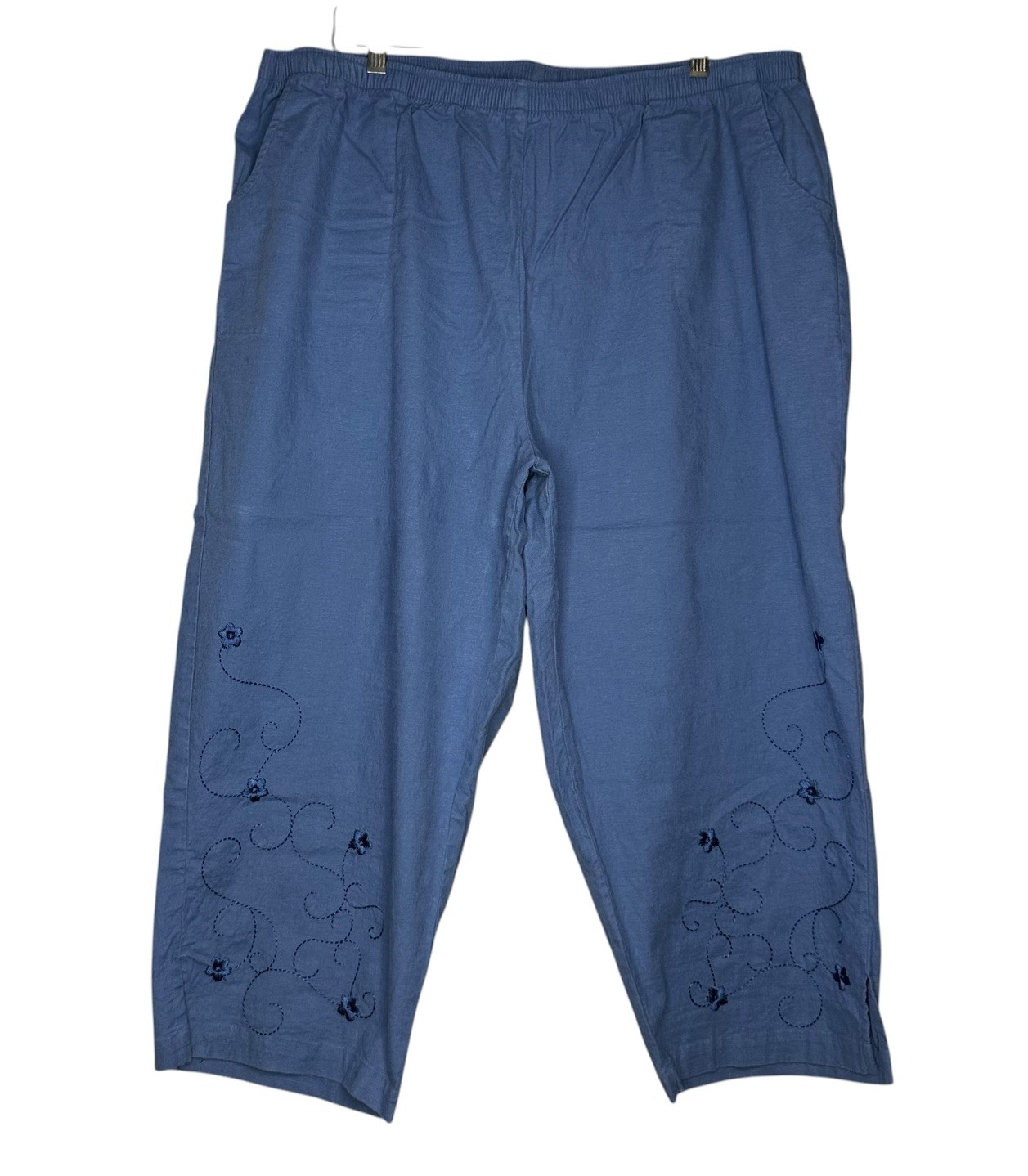 Denim Co Linen Pull On Cropped Pants Floral Embroidery Blue Plus Size 3X