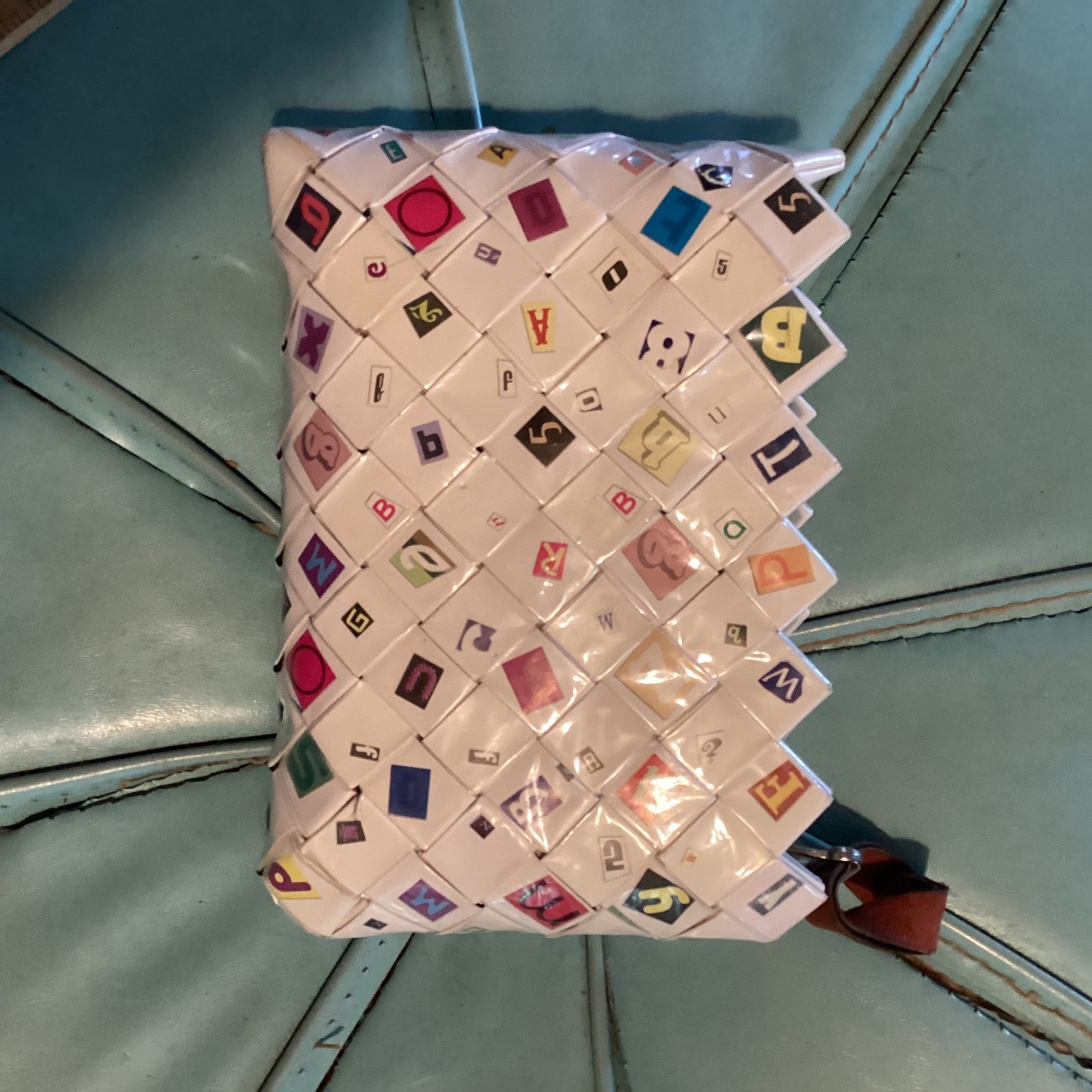 Nahui Ollin Woven Clutch Bag Upcycled Alphabet Tiles Unique Handmade