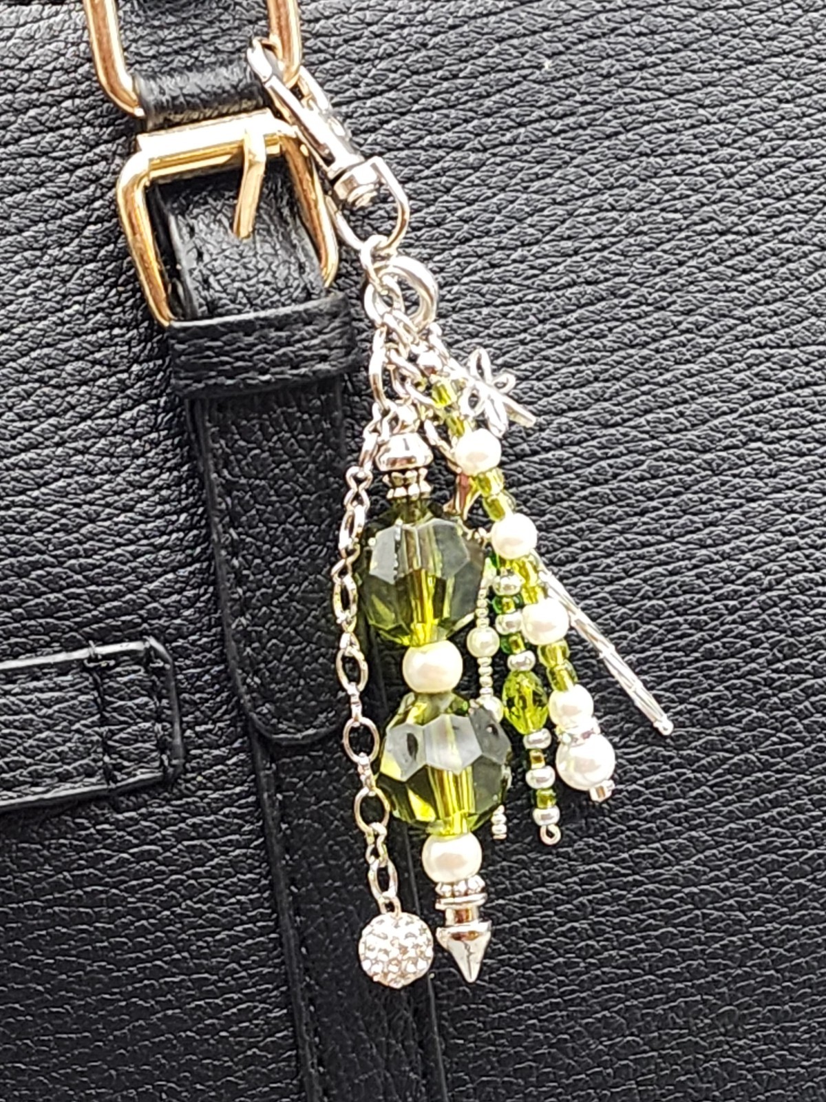 Olive Green Pearl Dragonfly Bag Charm – Crystal Beads, Silver Clasp, Nature Insp
