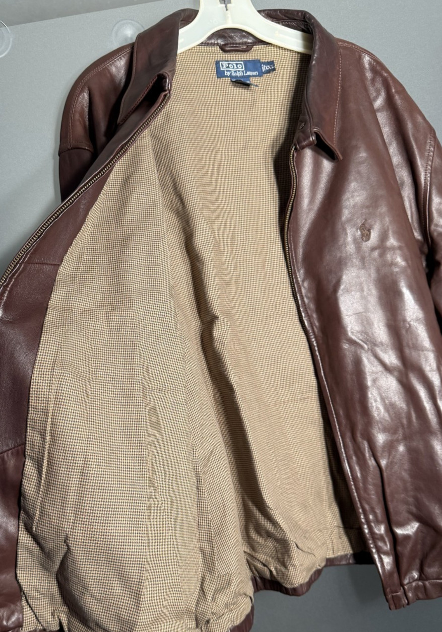 Vintage Polo Ralph Lauren Mahogany Leather Bomber Harrington Jacket XXL Plaid
