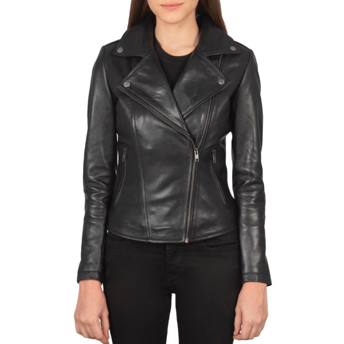 Black Leather Biker Jacket with Asymmetrical Zip & Snap Collar