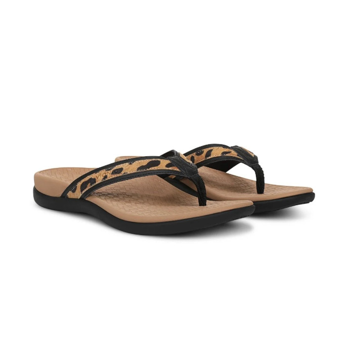 VIONIC Womne’s Tide 2.0 Toe Post Sandal, Black Leopard Print Suede