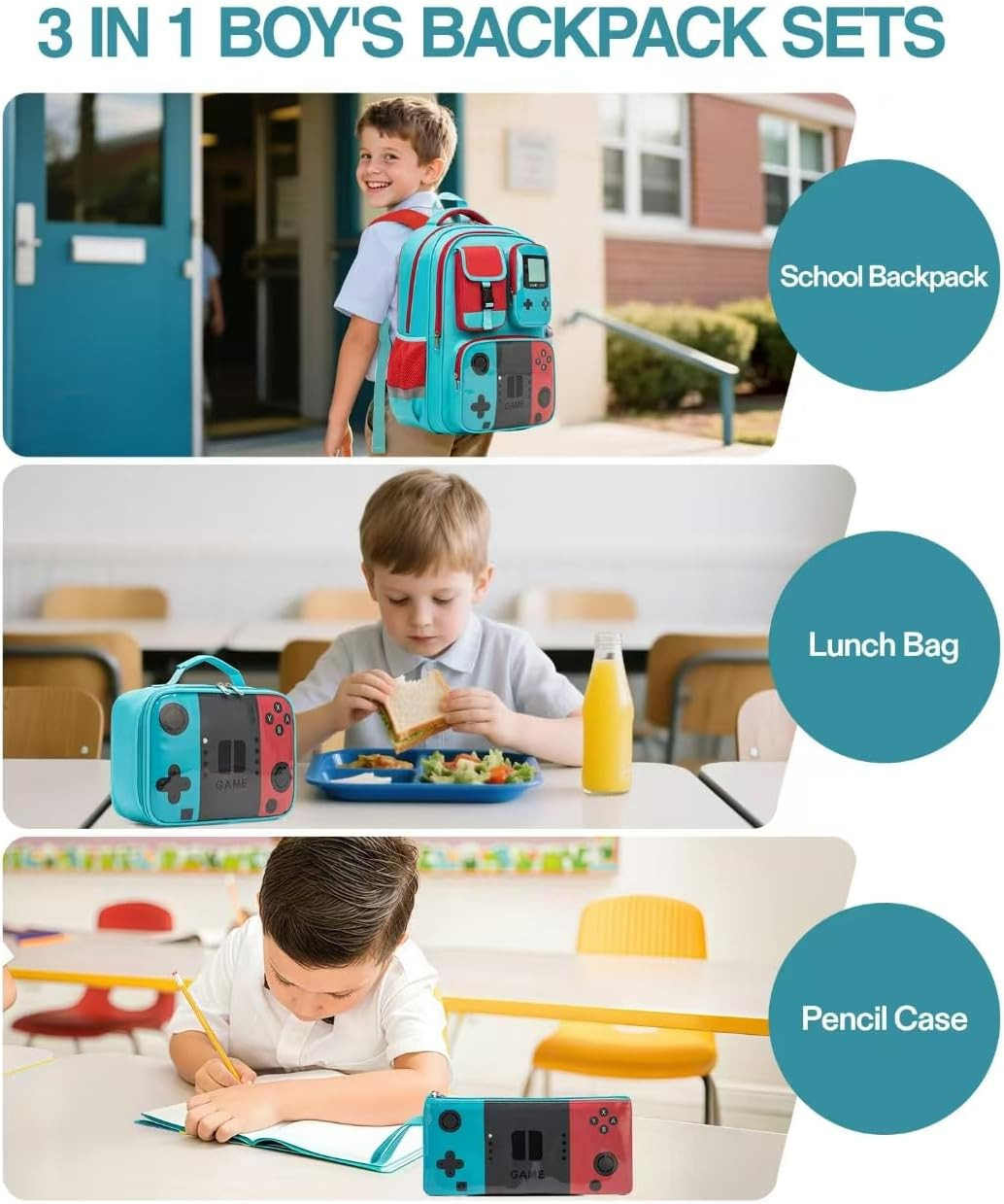 3Pcs Gamer Boys Backpack Sets,17.3″School Backpack for Boys Kids with Lunch Bag