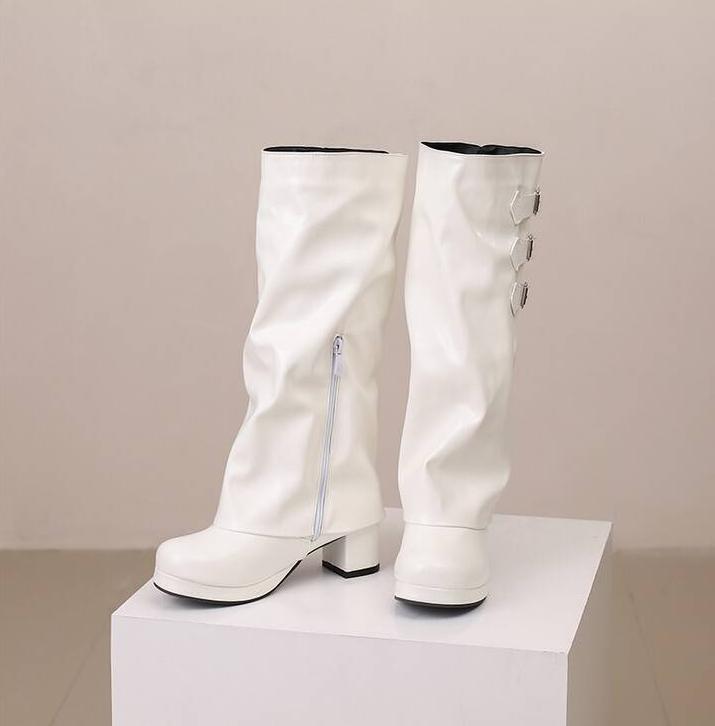 Women’s Block Heel Knee High Boots Knight Shoes Buckle Platform Side Zip Retro