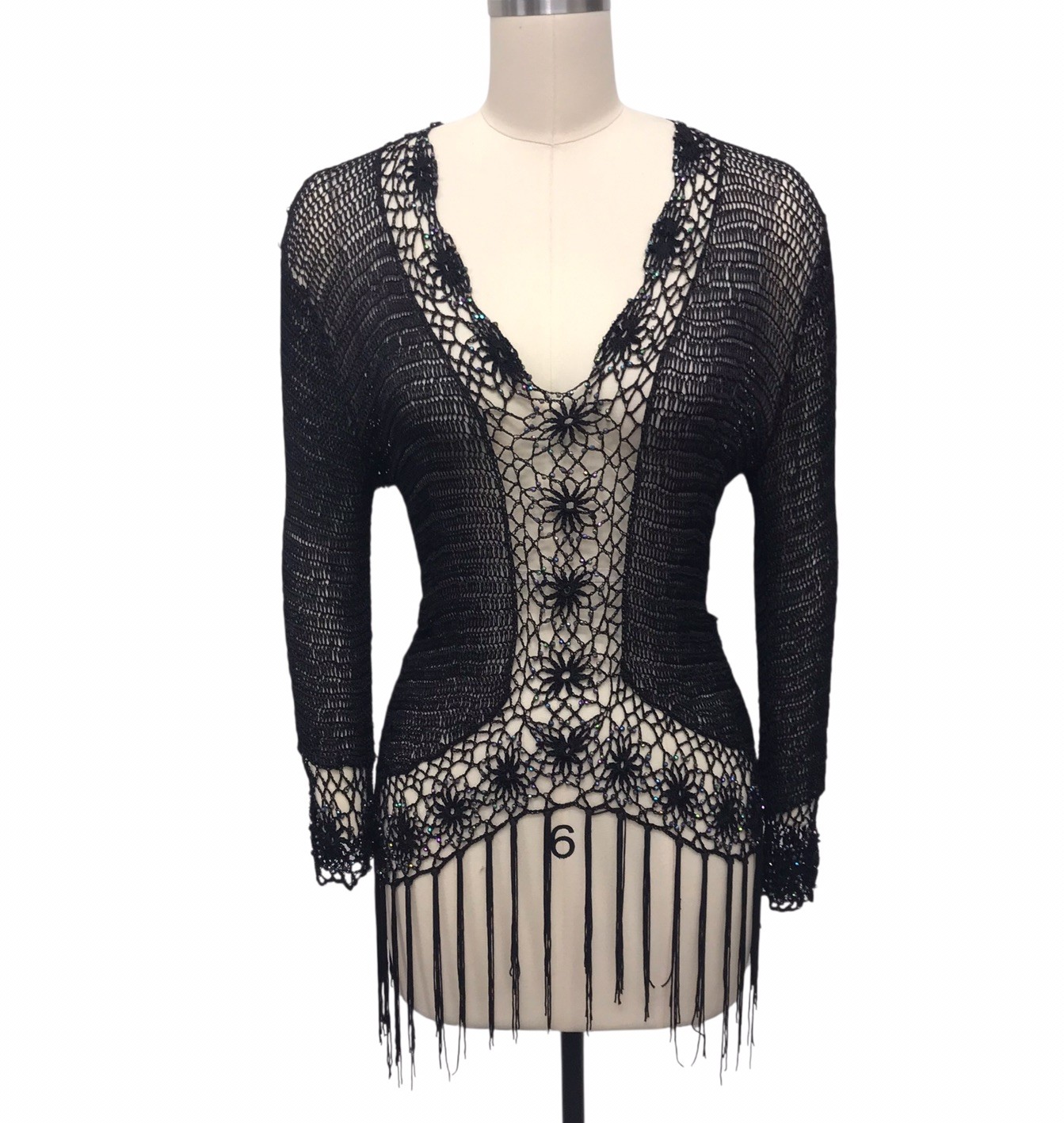 Black Crochet Open Knit Fringe Top Crystal Beads Whimsigoth Witchy Read Sz M