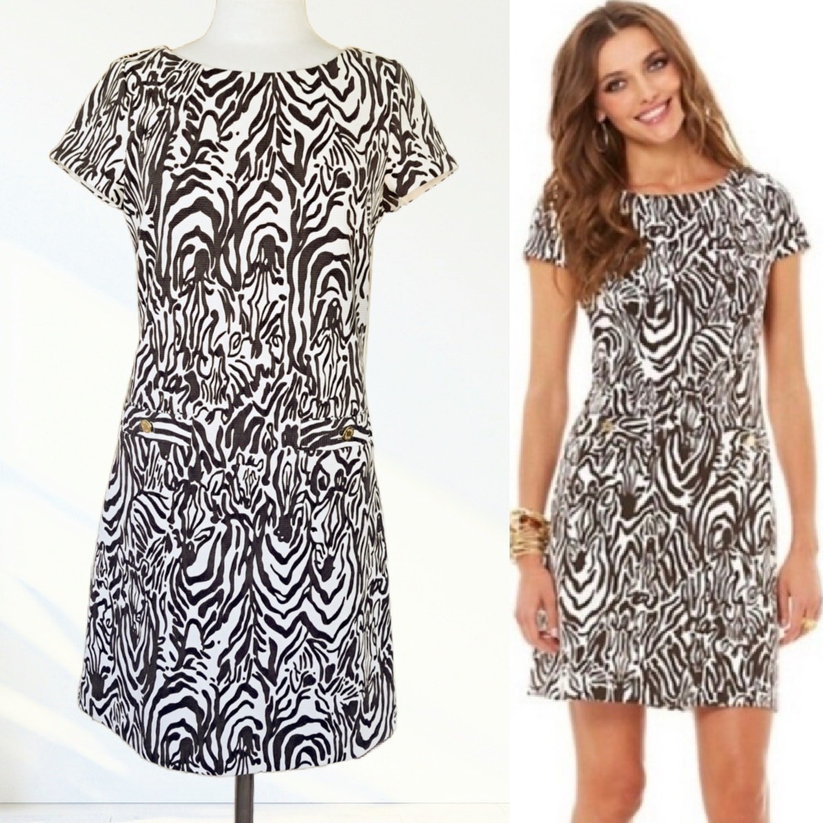 LILLY PULITZER Layton Zebra Shift Dress Medium Brown Zebra Full Entourage Pocket