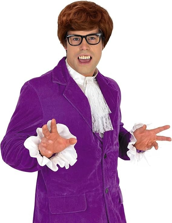 Men`s 60s Austin Powers Costume + Wig Glasses Adult Purple Gigolo Suit M – XL