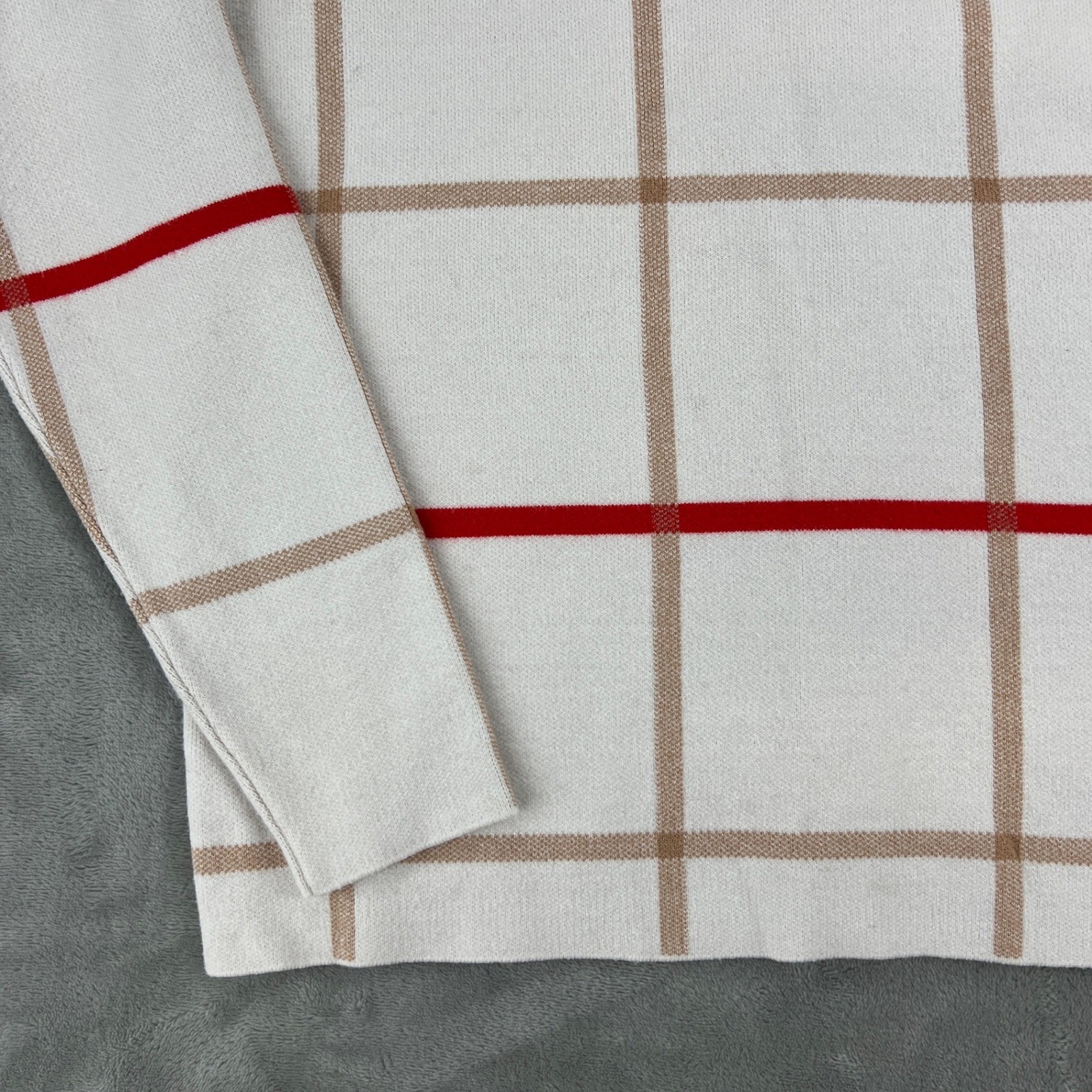 Tahari Women White Windowpane Plaid Button Back Knit Sweater Red Tan Small
