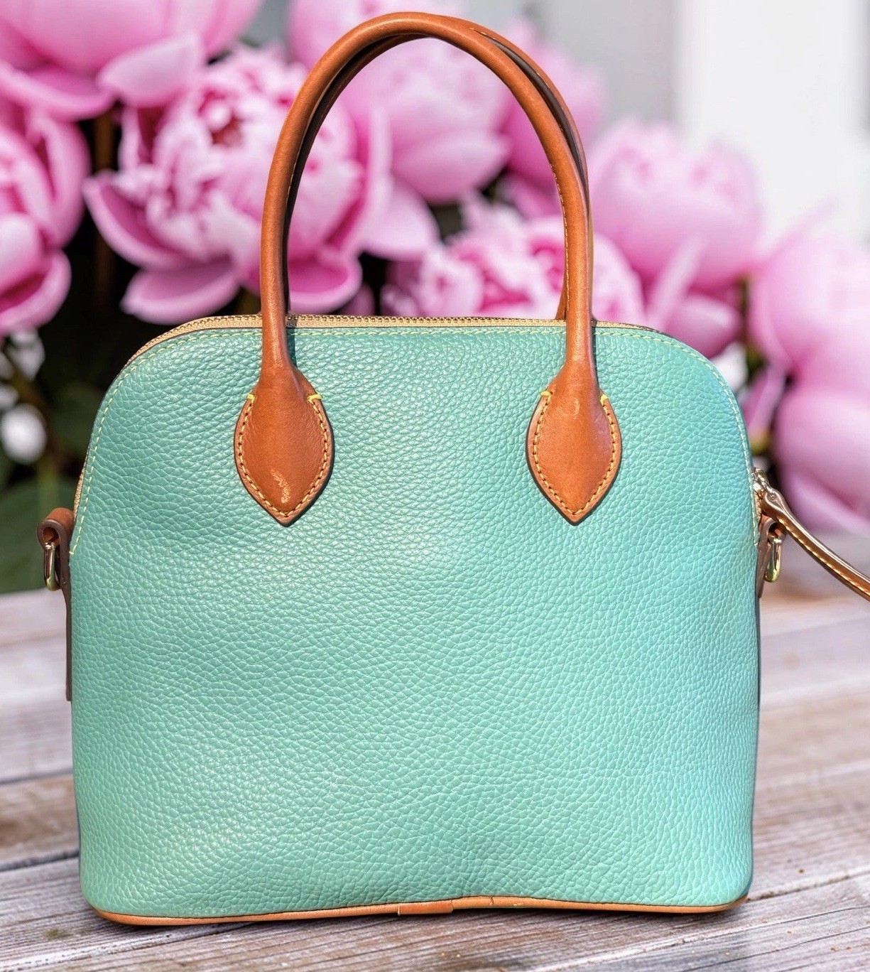 Dooney Bourke Spearmint Turquoise Green Domed Satchel Bag Pebbled Leather Purse
