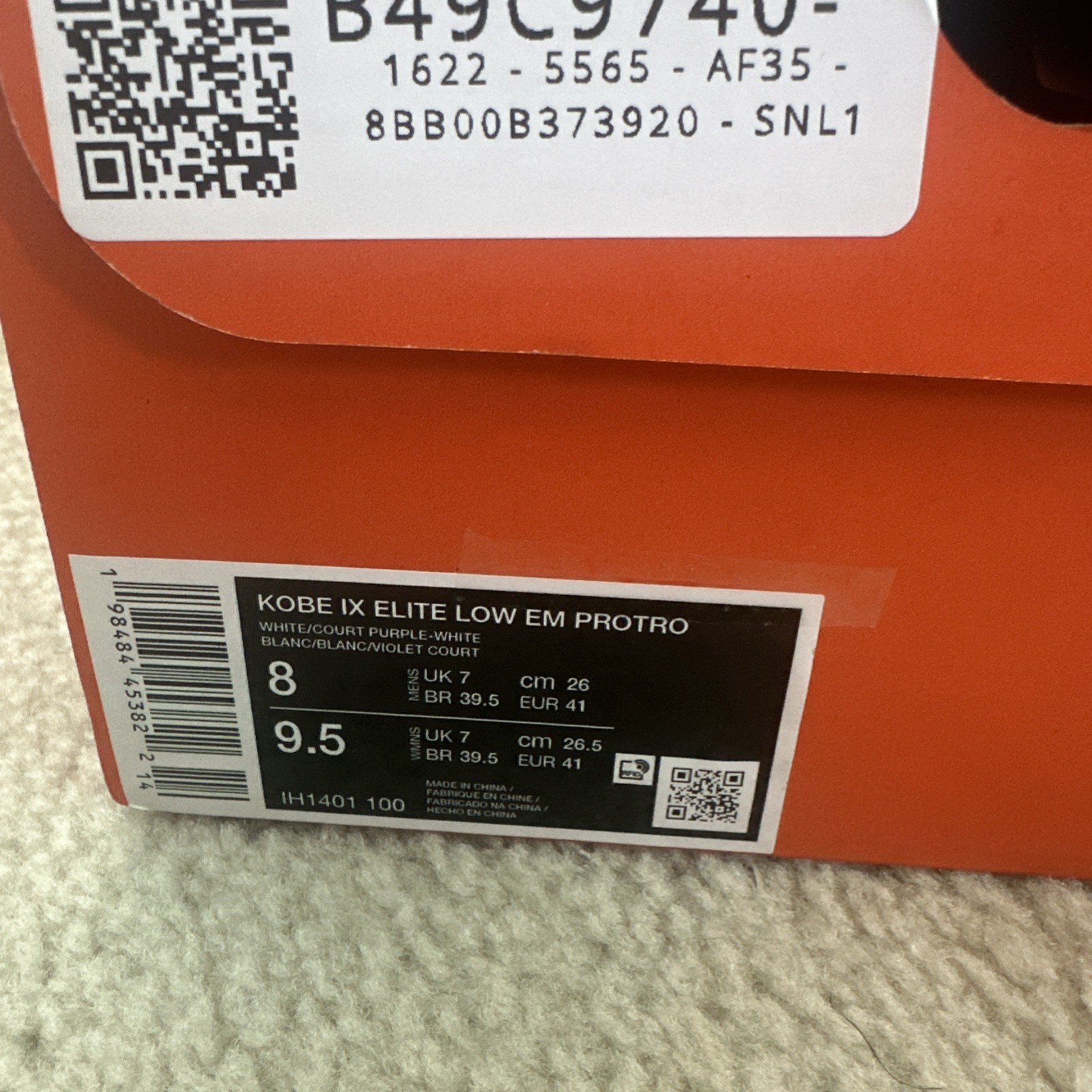 Kobe 9 Elite EM Protro White/Purple Size 8