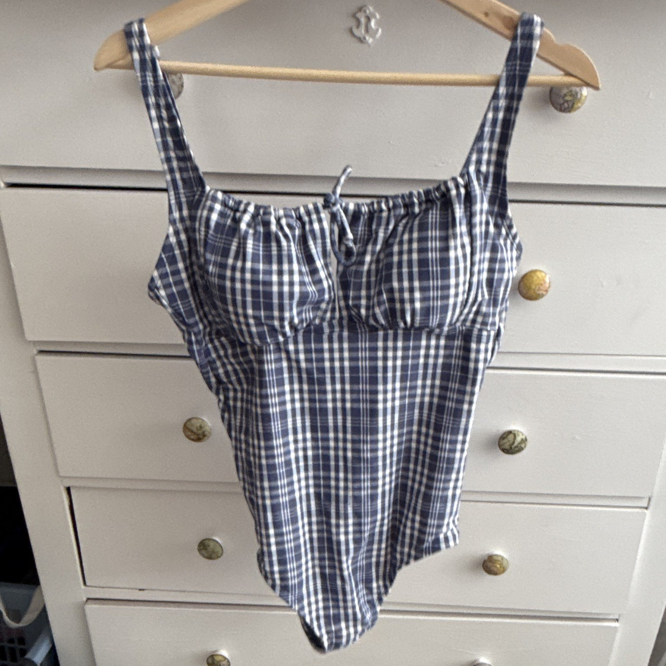 Kona Sol Women’s One Piece Swimsuit Blue/White Gingham, Regular Size M
