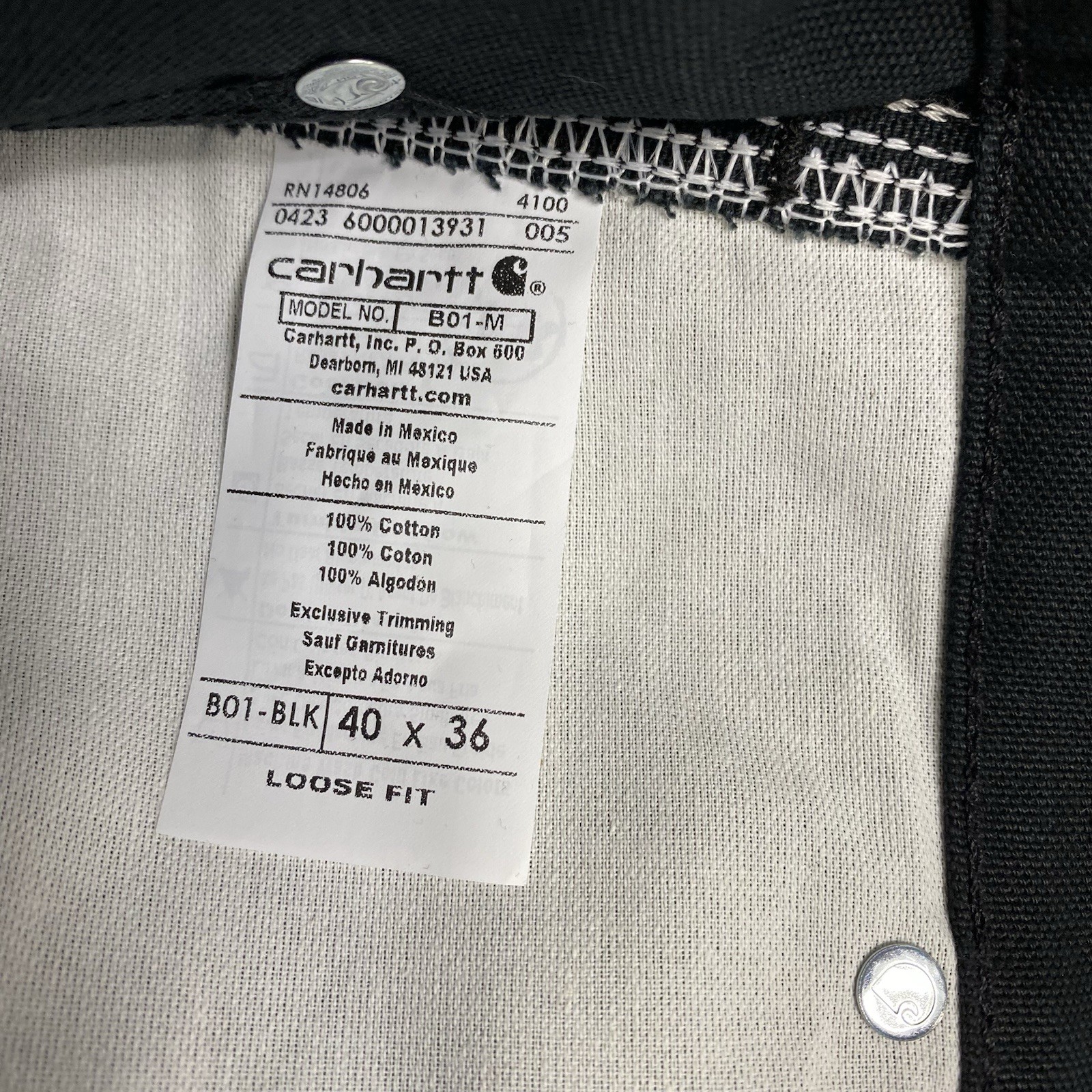 Carhartt Pants Mens 40×36 Black Double Knee Duck Canvas B01 BLK Irregular