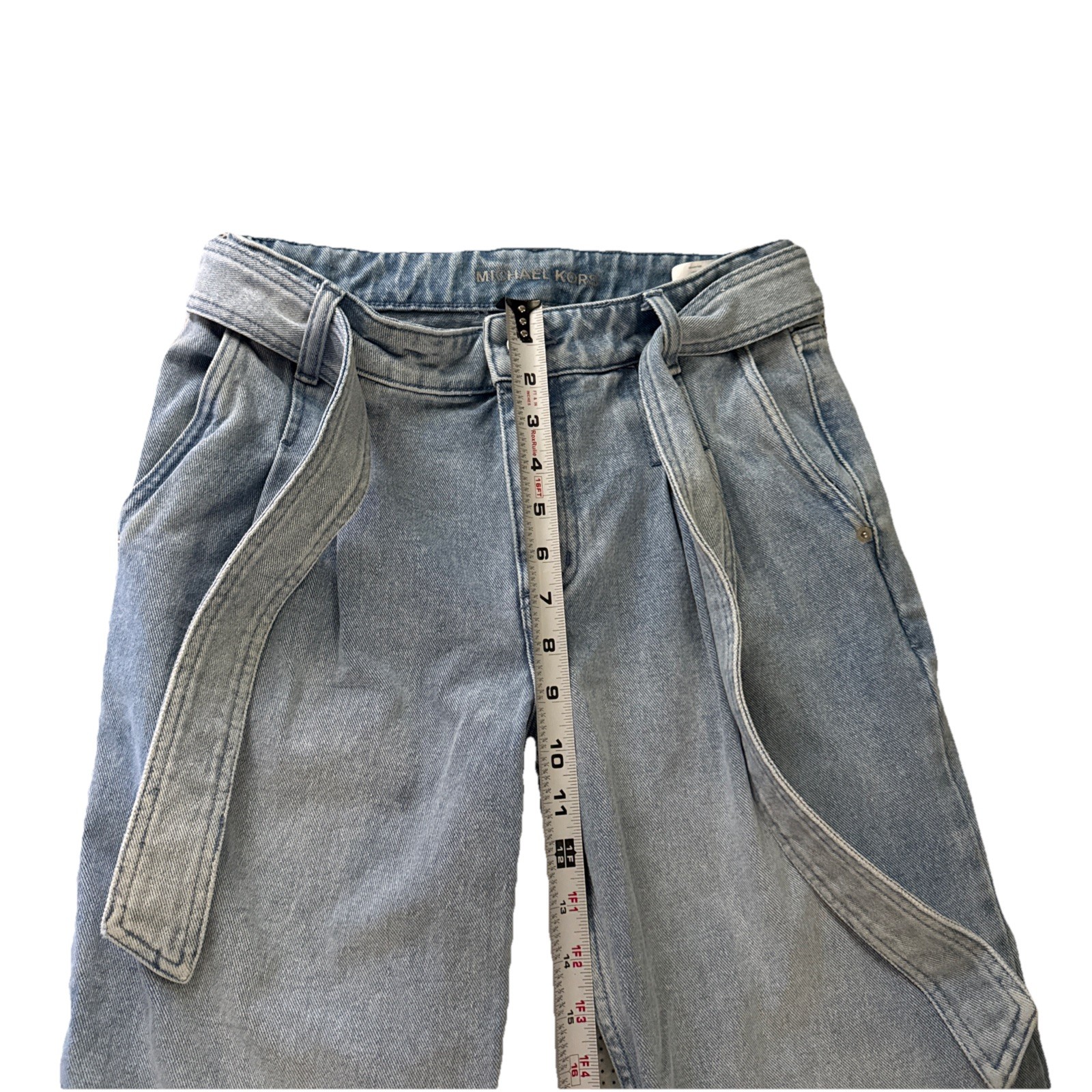 Michael Kors Pleated Belted Denim Pants Vintage Lt Blue Wash High Rise Tapered 4