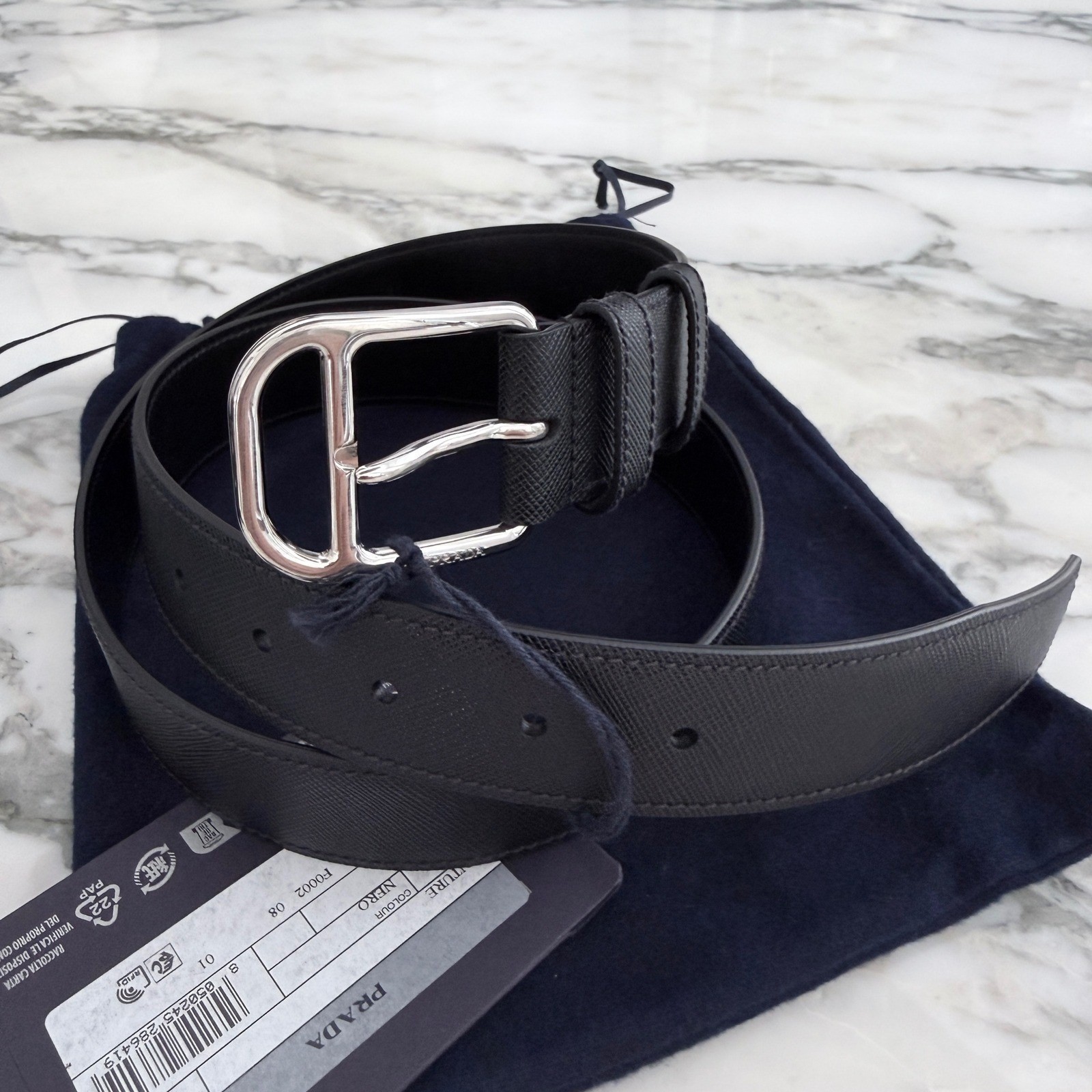 Prada 2CM275 Men’s Black Saffiano Leather Belt silver buckle, 105 cm