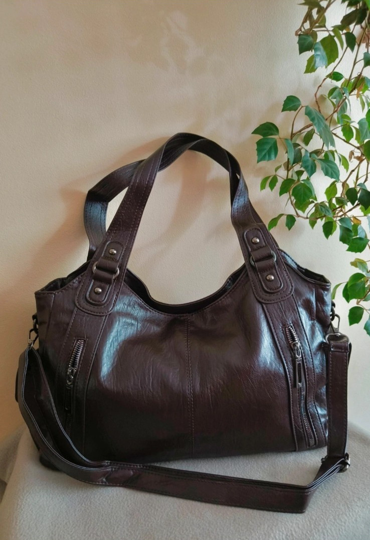 Large Vintage Hobo Bag Faux Leather Multi-Pocket Shoulder Tote & Crossbody