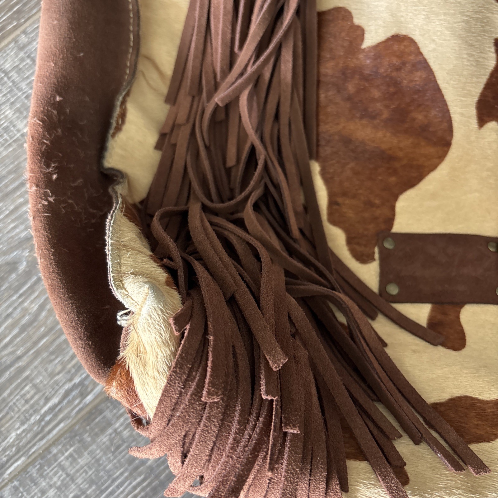 Patricia Nash Leather & Cowhide Print Mwith Leather Fringe Tote Purse – See Pics