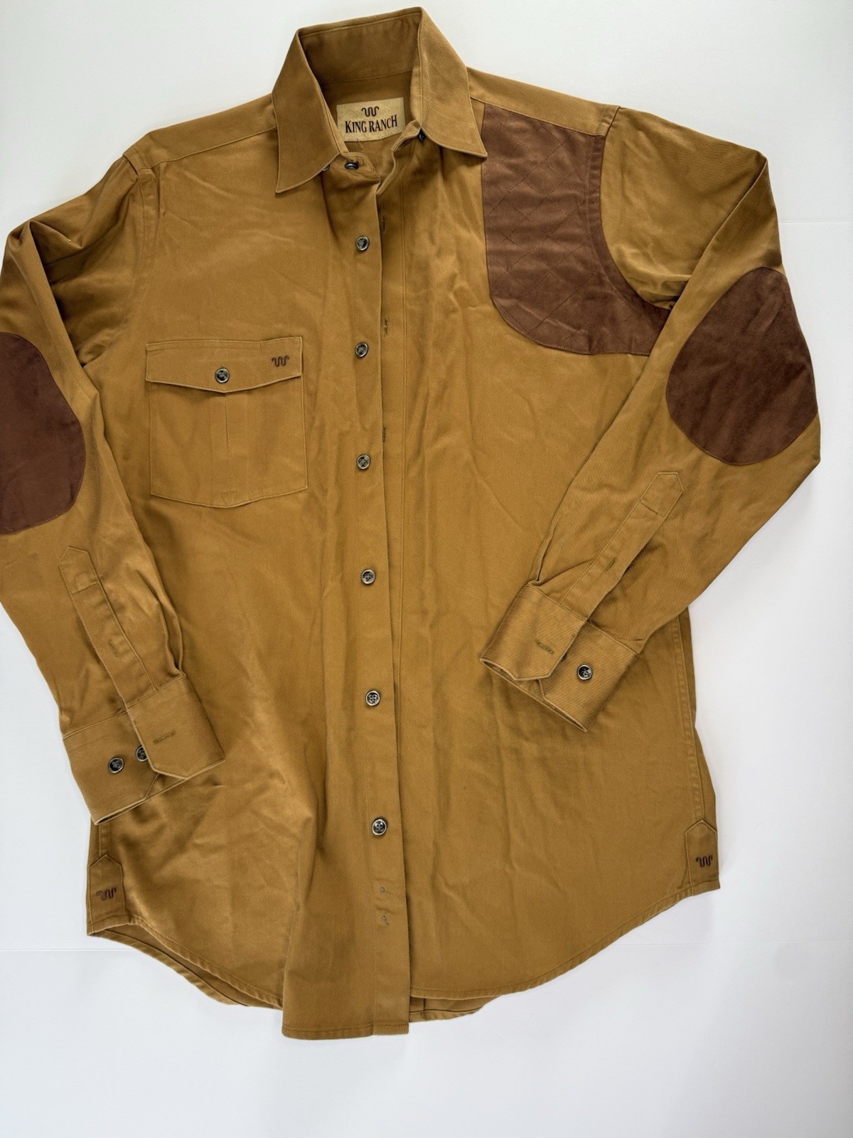 King Ranch Shirt Mens S Tan/Brown Cotton Twill Button-Up Long Sleeve Elbow Patch