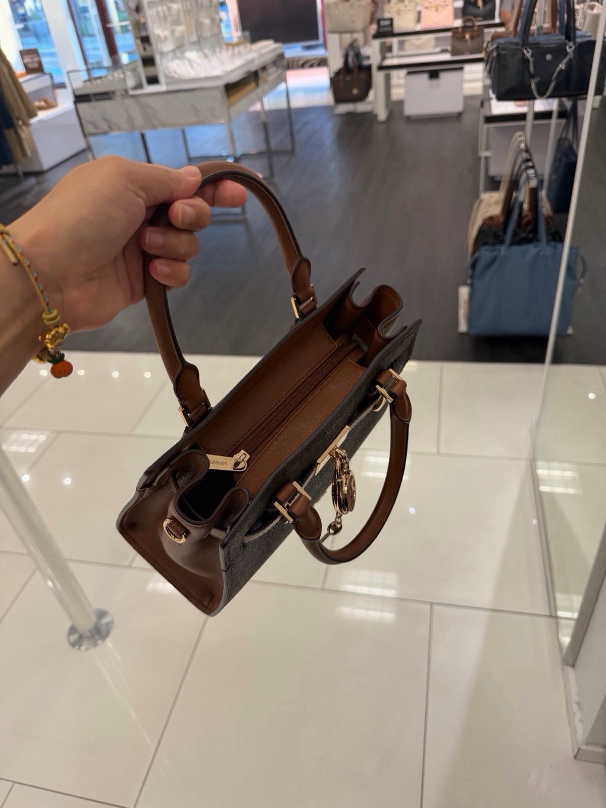 Michael Kors Brown Logo Satchel Top Handle Lock & Key Zip Gold Hardware Pockets