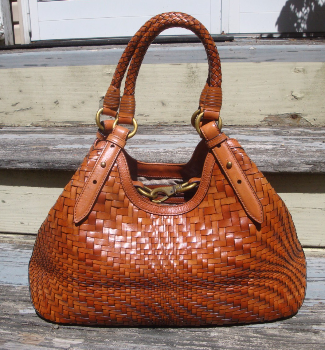 COLE HAAN Genevieve Brown Leather Boho Handbag Satchel Woven Large Tote Weave