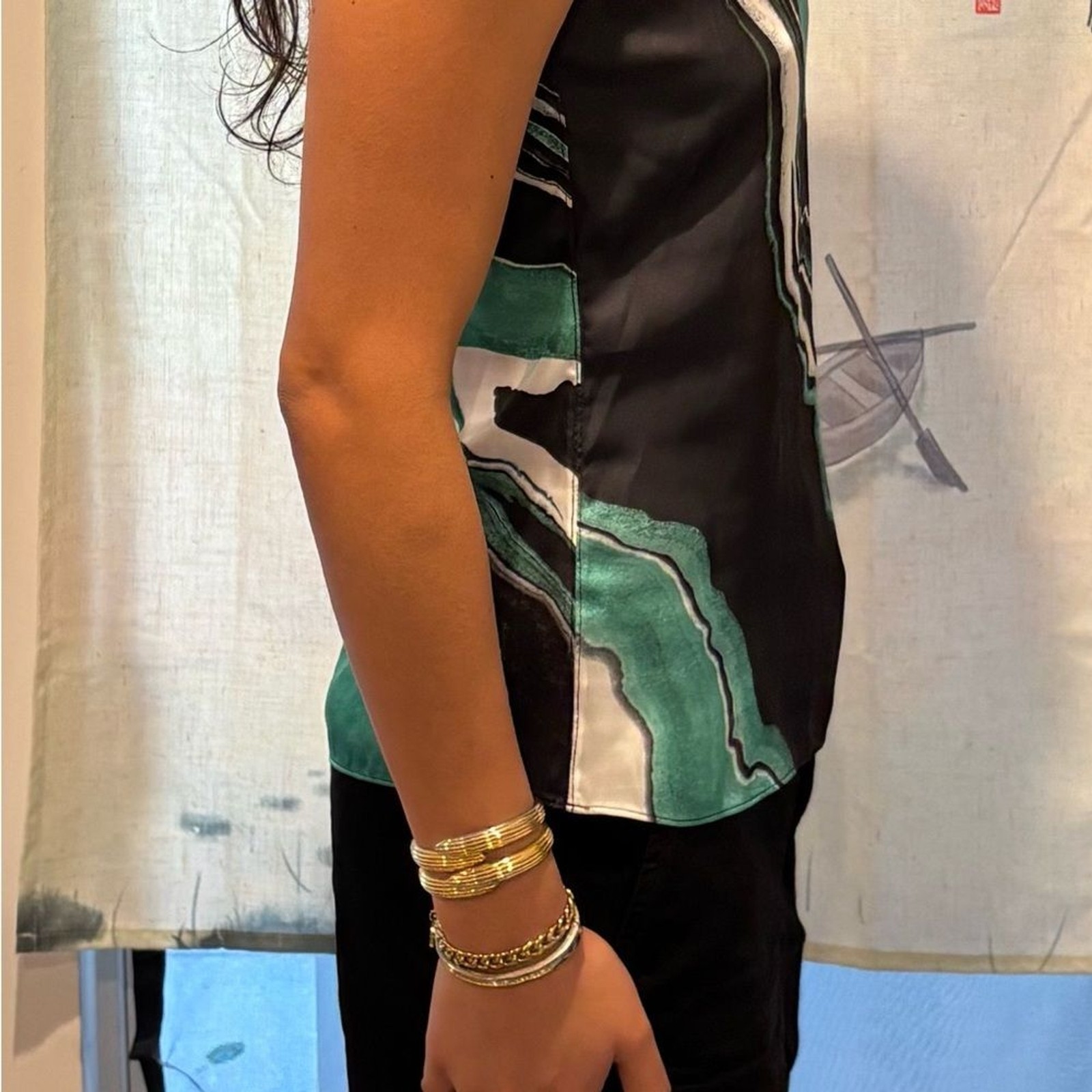 The Kooples Teal and Black Wave Pattern Tank Top Printed Marble