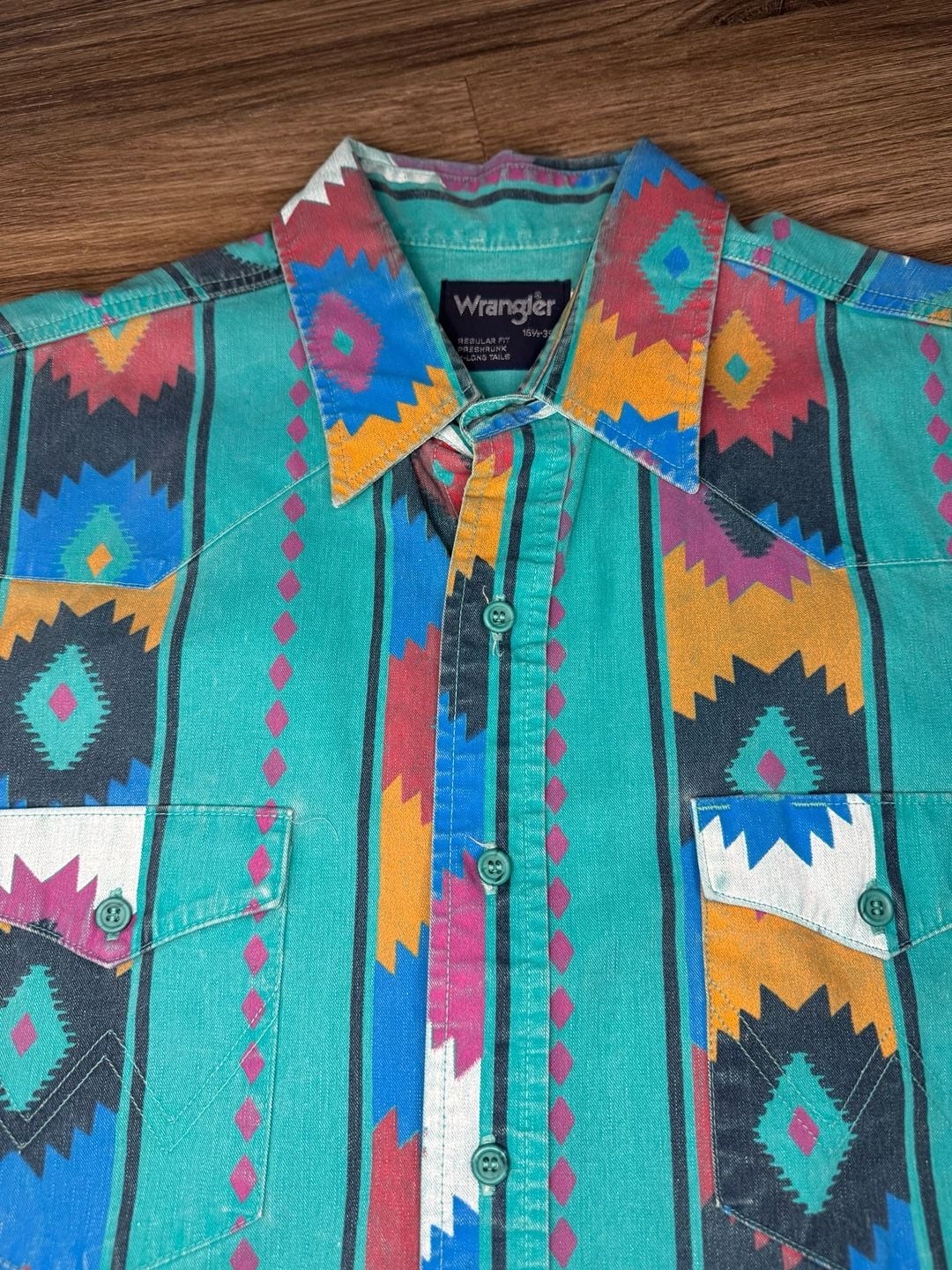 Vintage Wrangler Brushpopper Western Shirt Aztec Geometric Print Teal LongSleeve