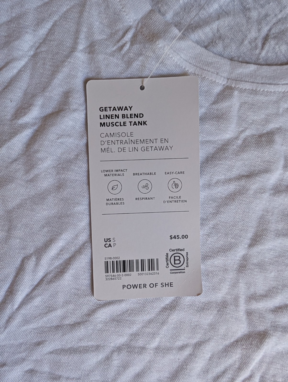 Athleta Bright White Getaway Linen Blend Muscle Tank Top Stretch, SMALL, NEW