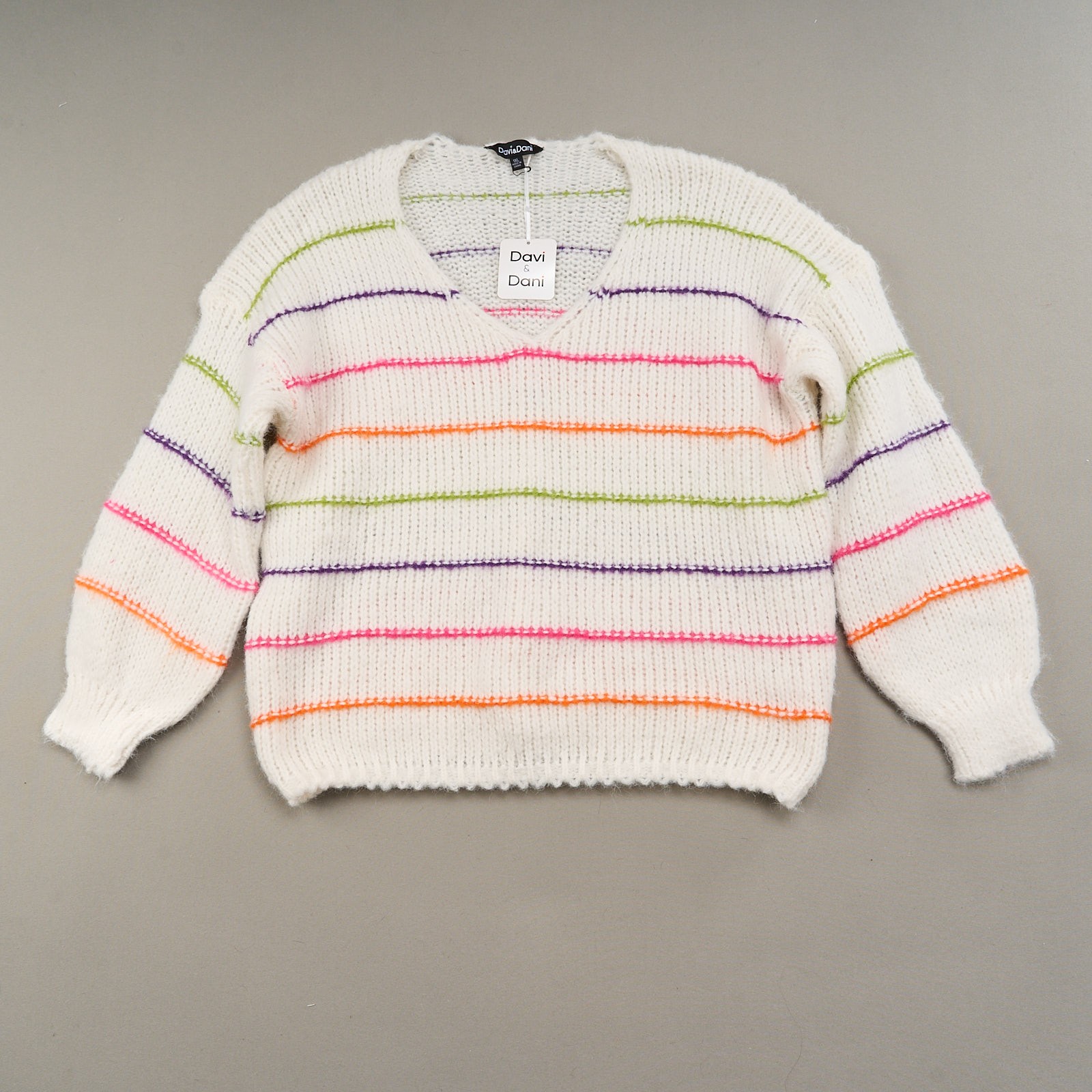 Davi & Dani White Stripe V Neck Sweater Womens 1XL Multicolor