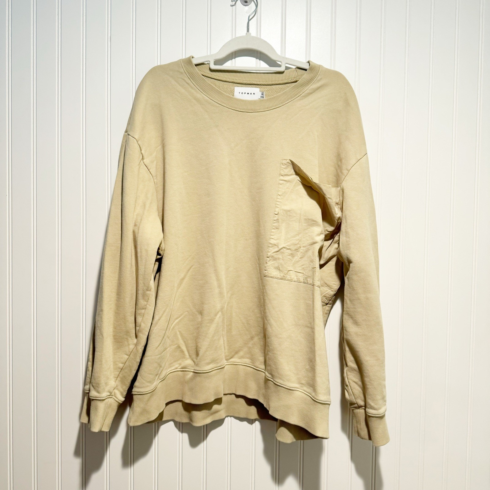Topman Beige Crewneck Sweatshirt Mens XXL Oversized Pocket