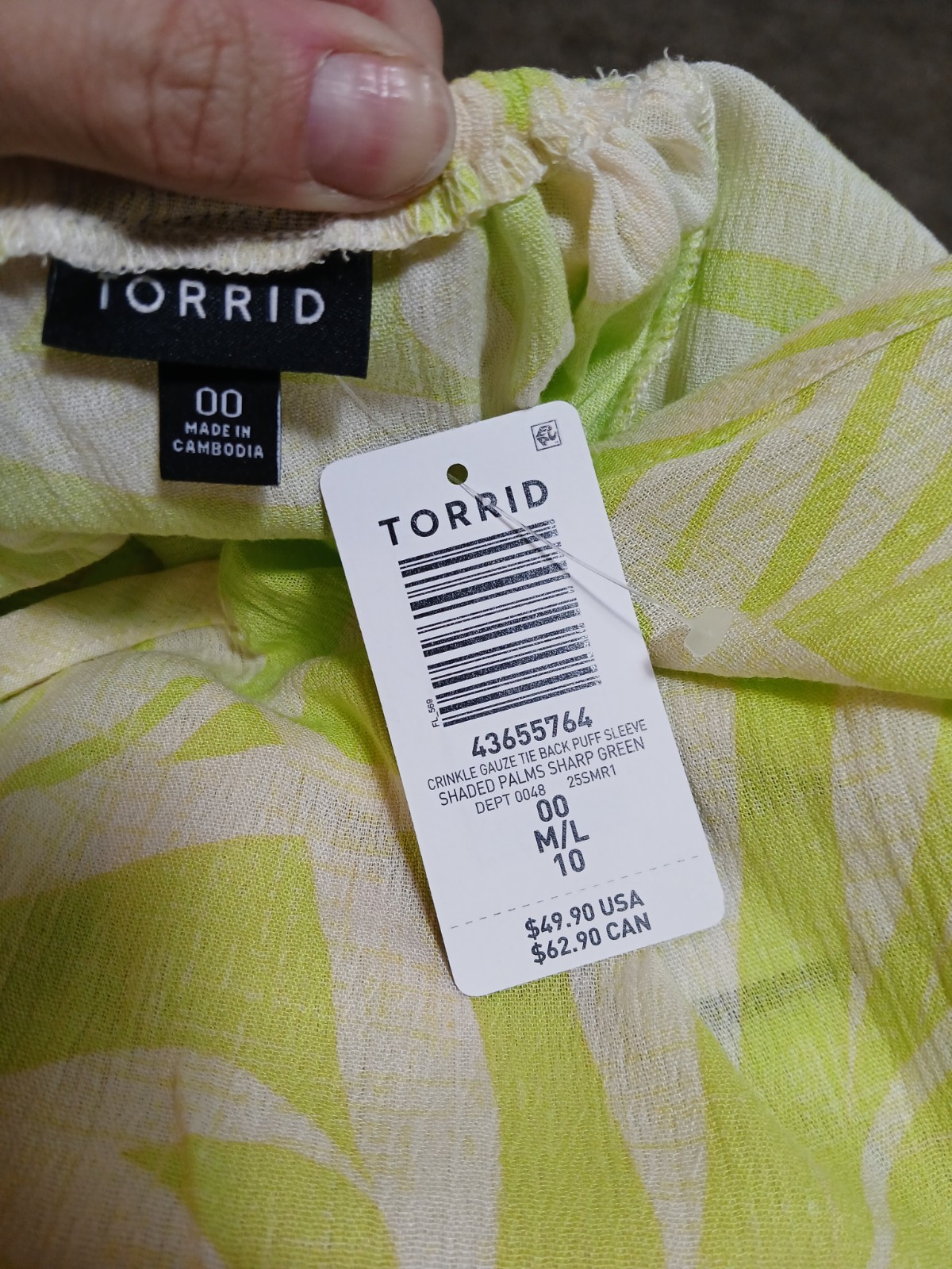 Torrid Women’s Green White Tropical Gauze V-Neck Puff Sleeve Tie-Back Blouse 00